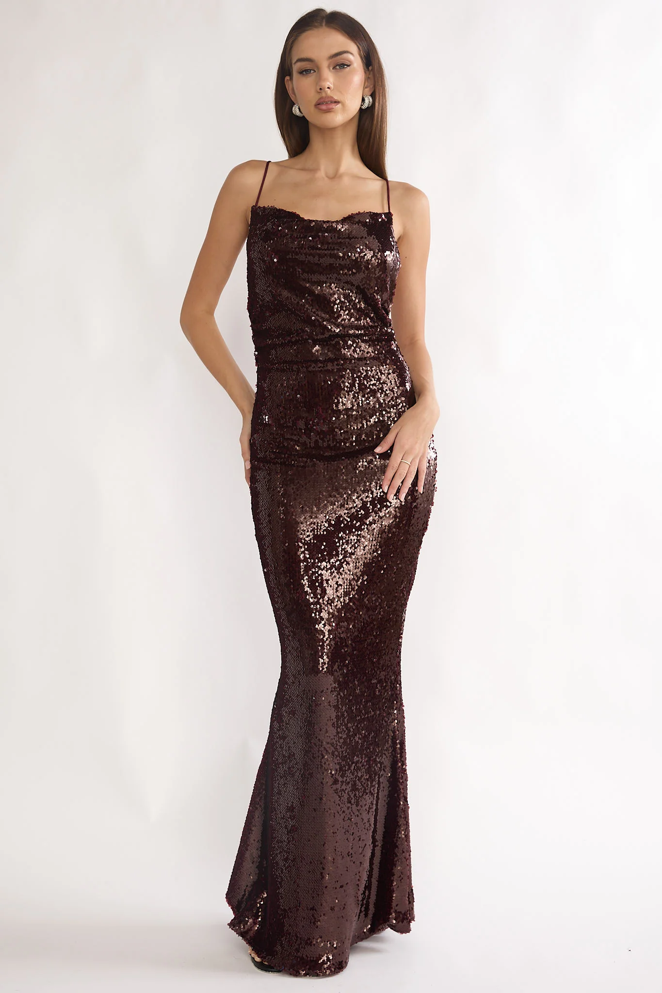She's The Star Open Tied Back Maxi Dress Sequin Wine - luluinthesky