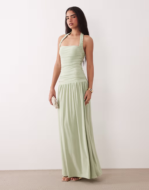 soft touch maxi with ruched halter neck in sage green