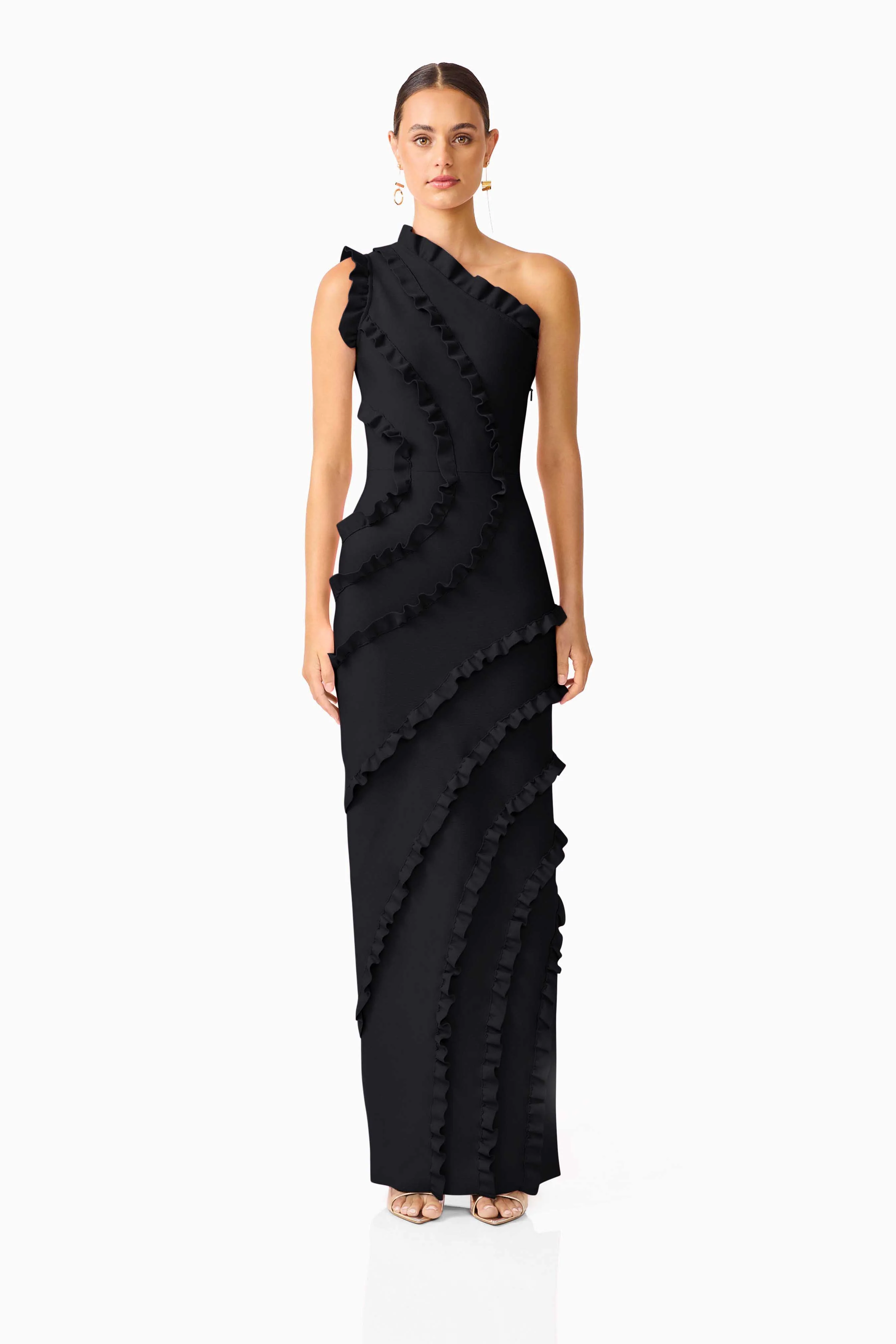 Orelia Asymmetrical Ruffle Gown in Black