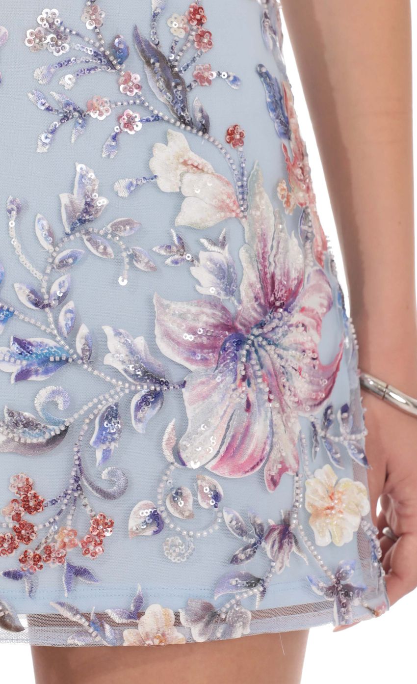 Floral Ruched Bust Mini Dress in Light Blue