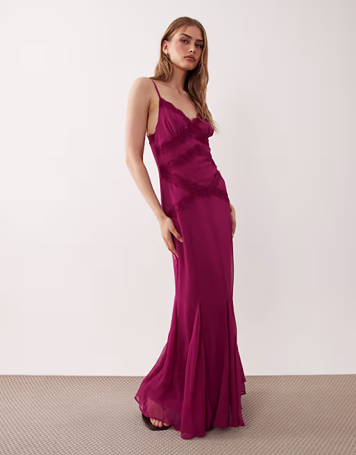 slip shift lace trim midi dress with godets in berry