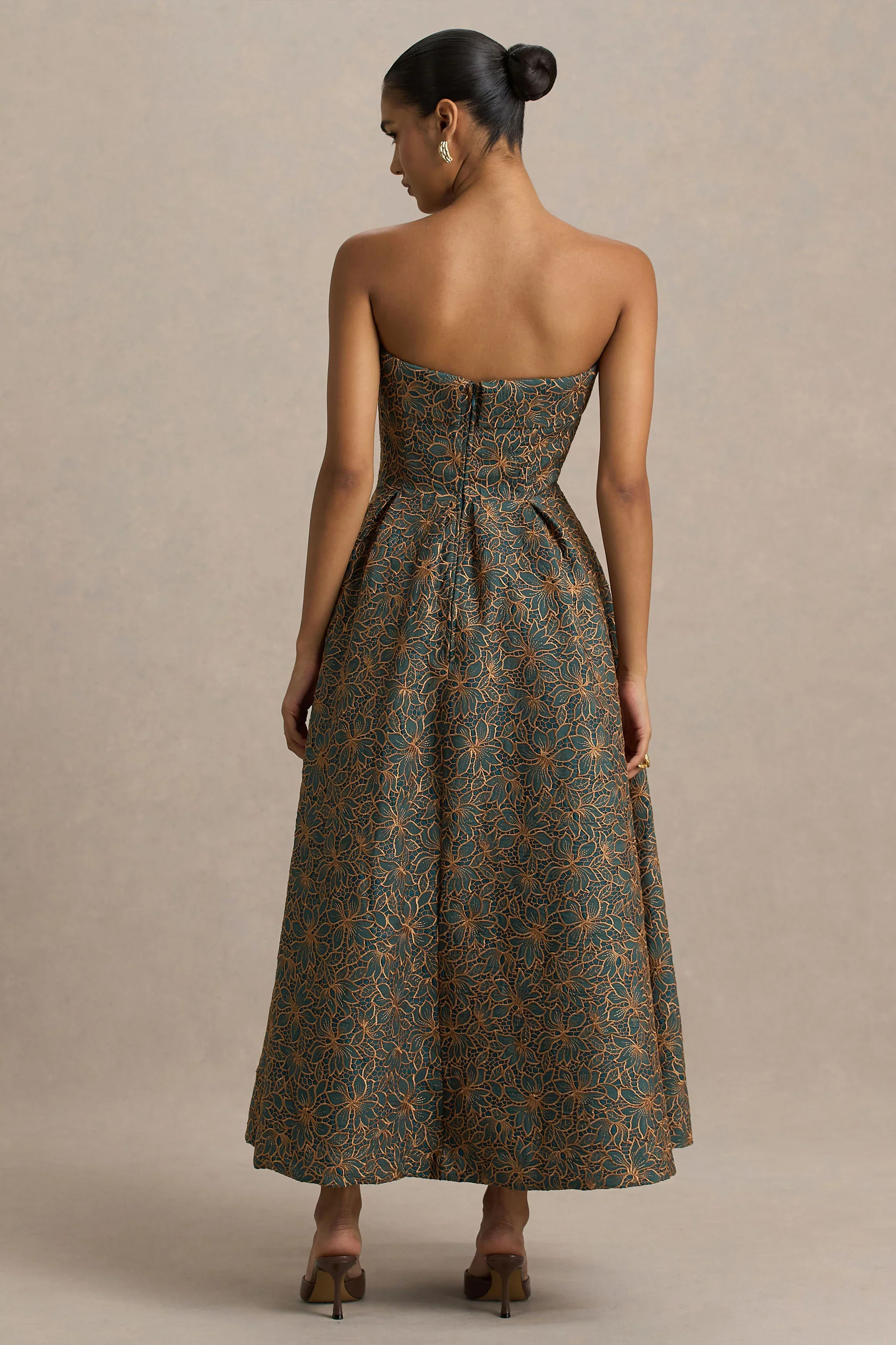 Loretta | Dark Green And Rust Embroidered Bandeau-Neck Midi Dress