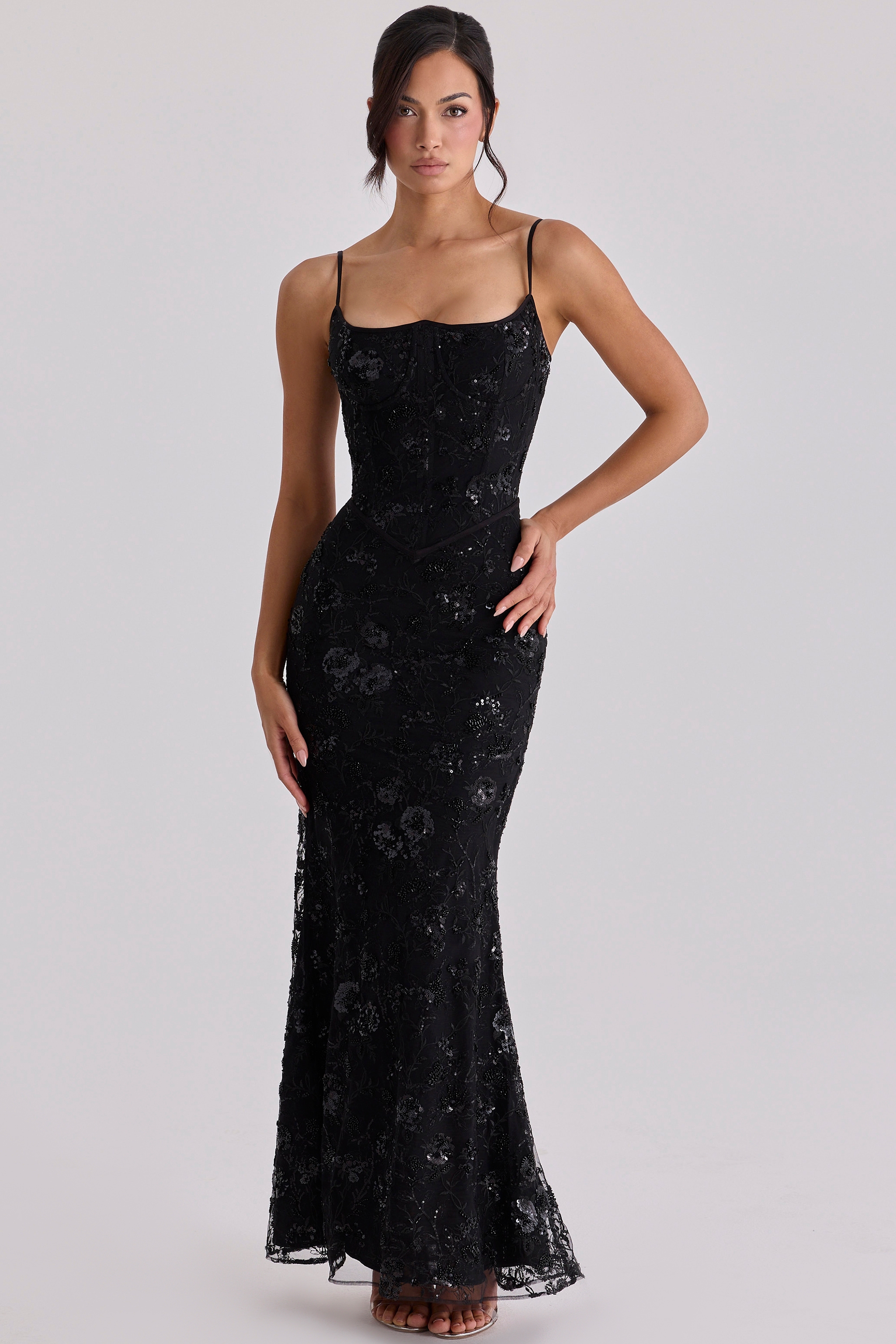 black hand beaded embellished corset maxi dress - limited edition