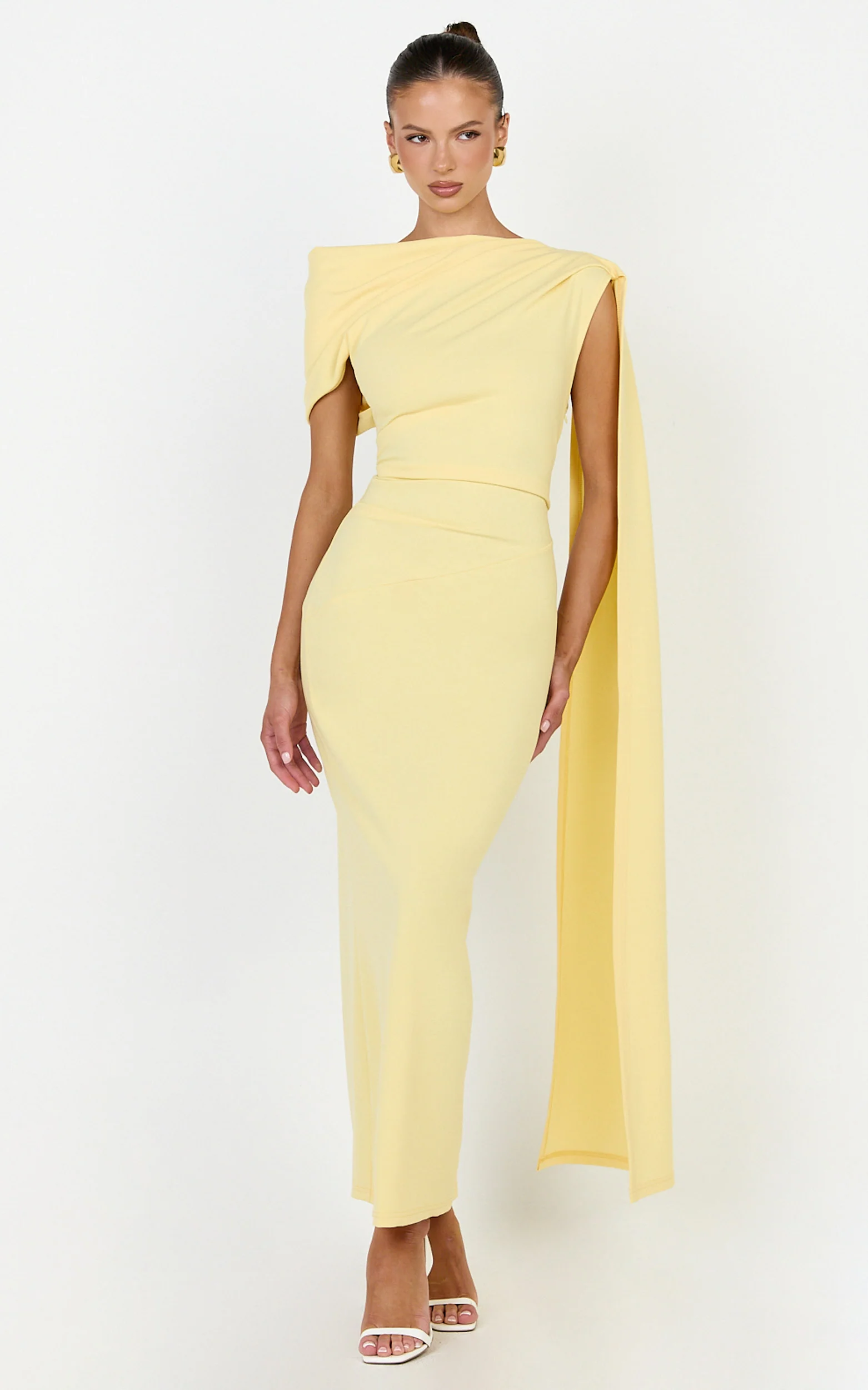 Visenta Midi Dress - Asymmetrical Sleeve Dress in Yellow