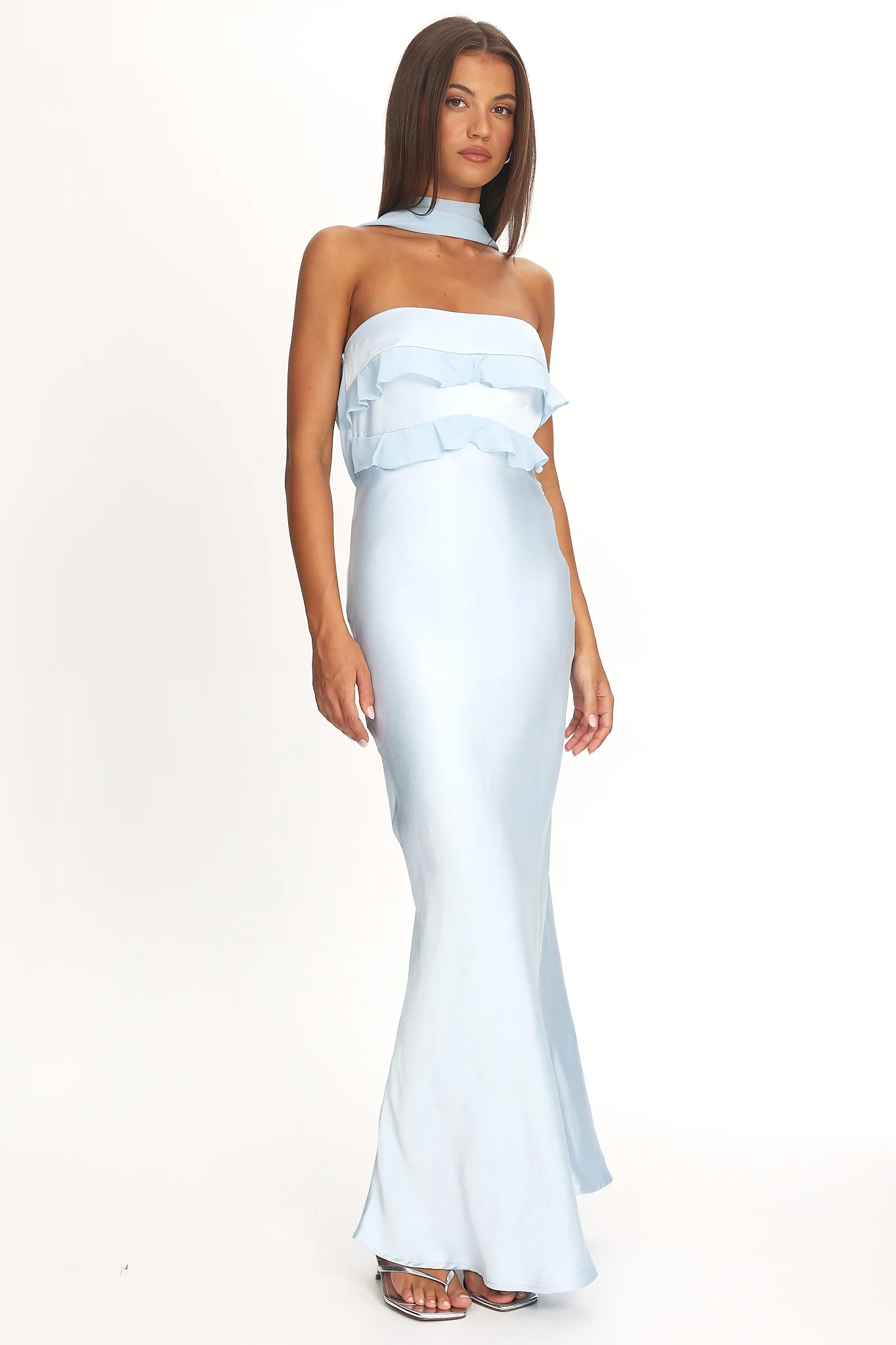 Damsel Reverse Halter Frill Trim Maxi Dress Baby Blue - luluinthesky