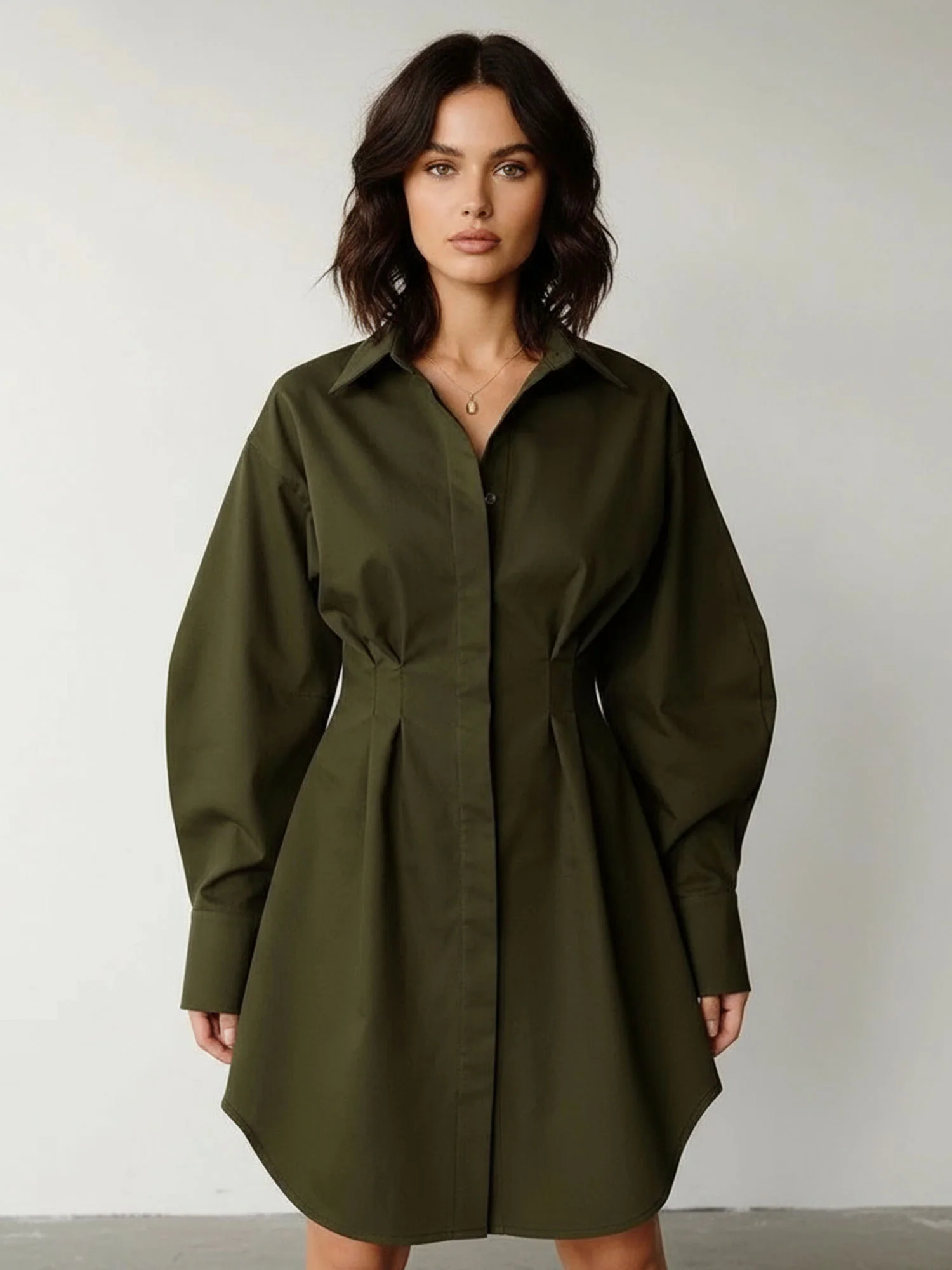 Green Cinched Waist Shirt Dress Effortless A-Line