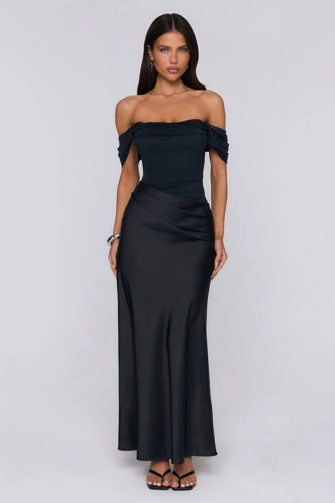Evening Muse Off Shoulder Mesh Maxi Dress Black