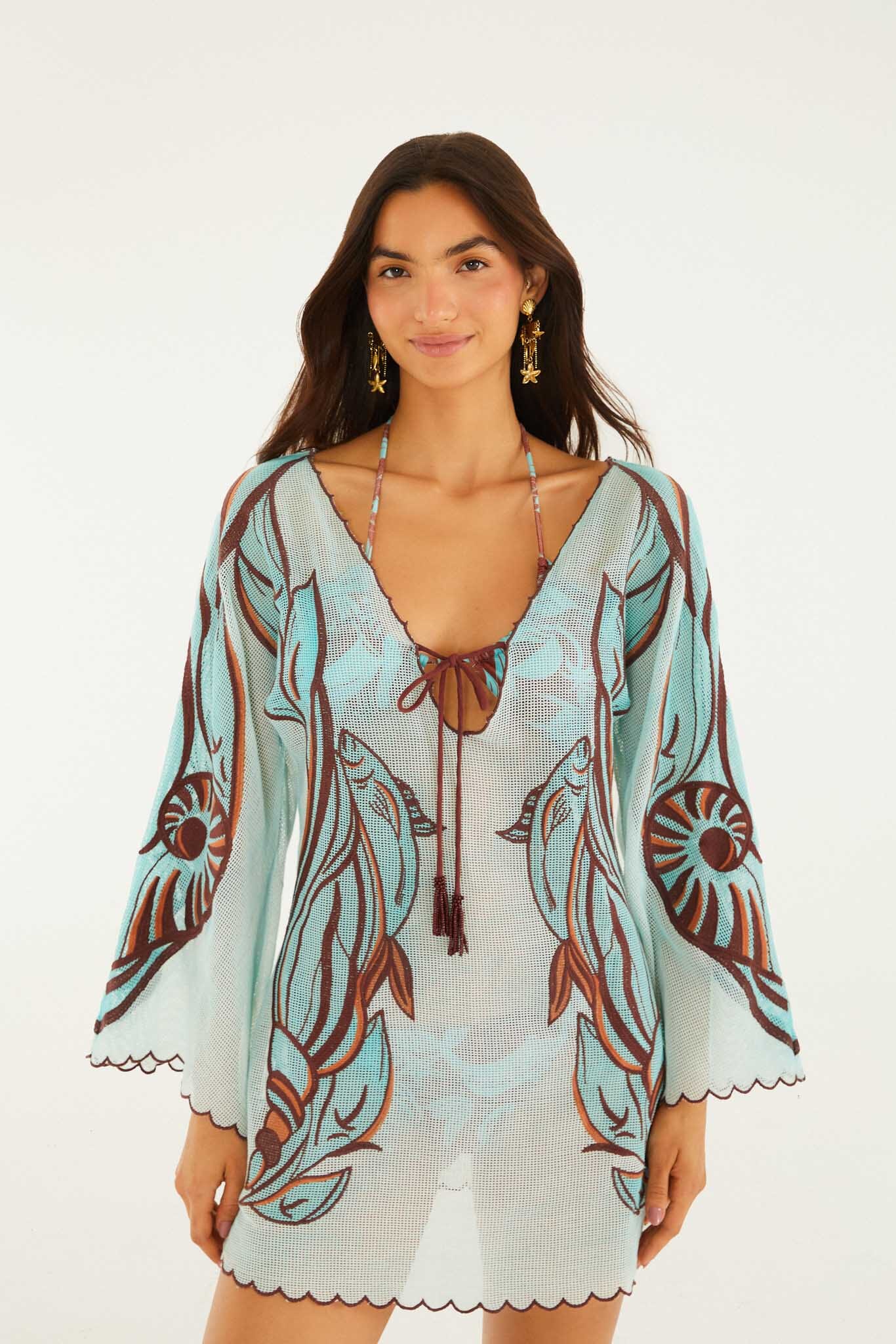 Blue Fish Net Embroidered Long Sleeve Mini Dress