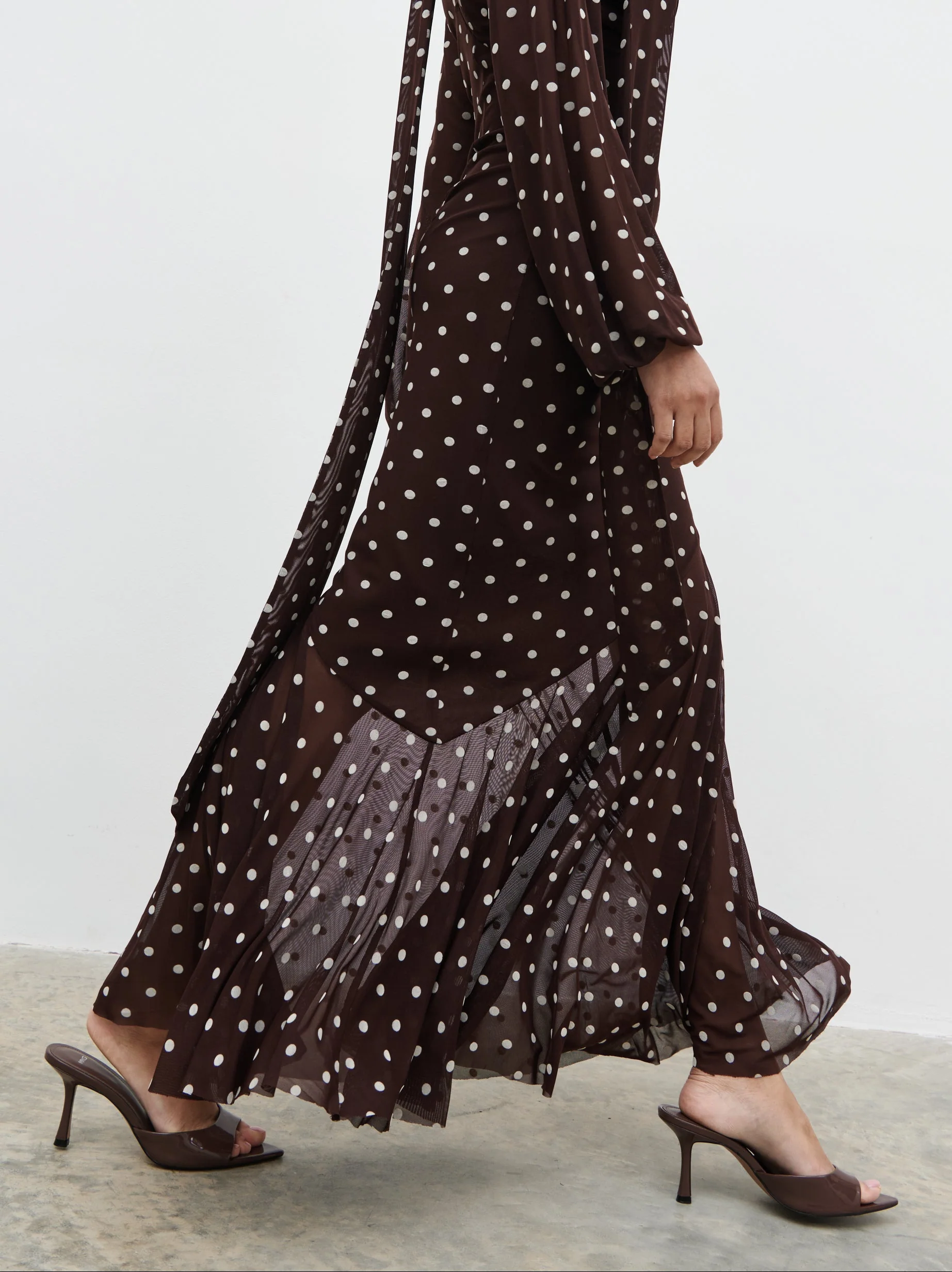 Petula Scarf Mesh Maxi Dress - Brown and Cream Polkadot