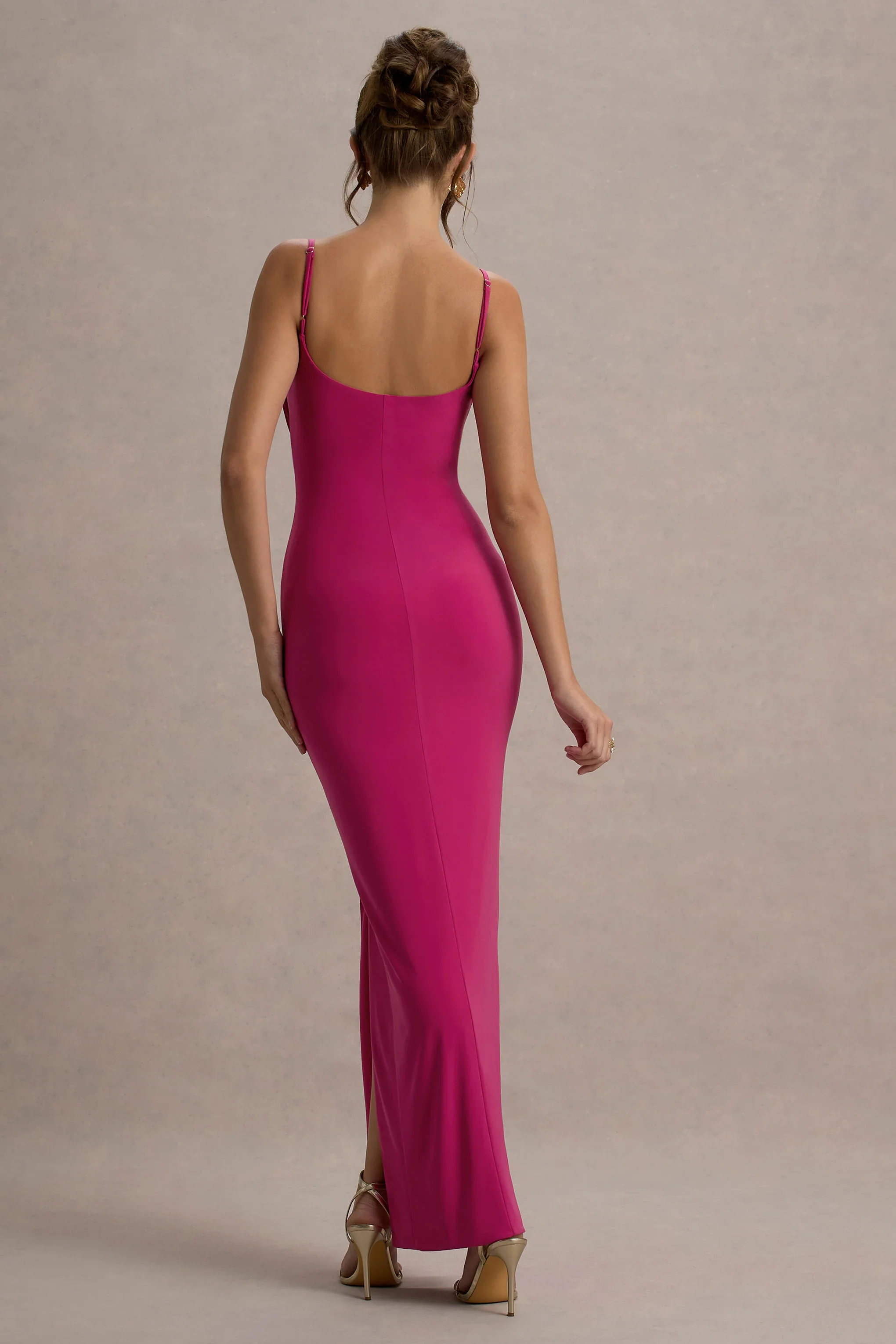 Emmalou | Hot Pink Strappy Split Maxi Dress With Bow