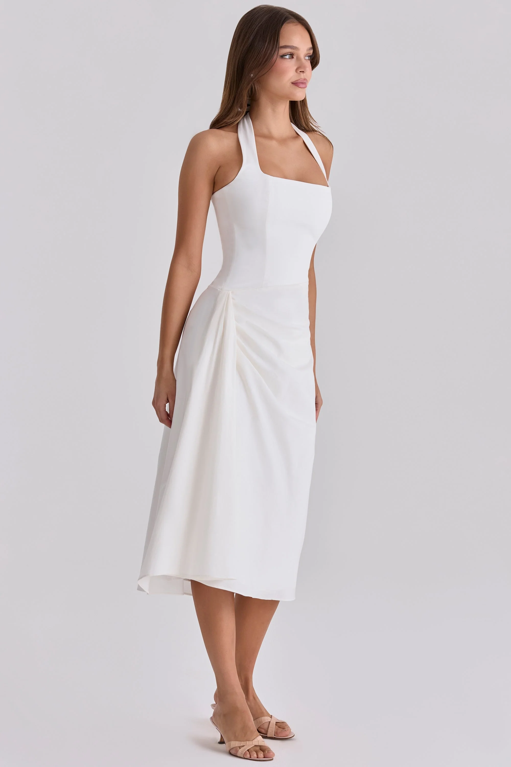 white halter neck cotton midi dress