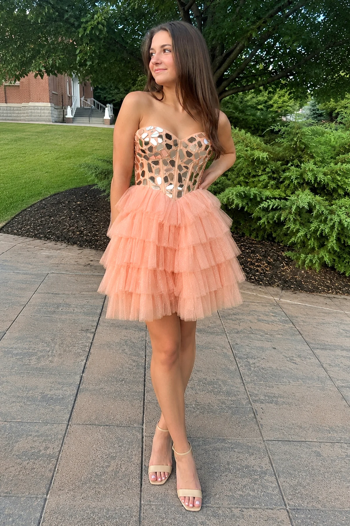 Sparkly Champagne Sweetheart A-Line Tulle Tiered Homecoming Dress