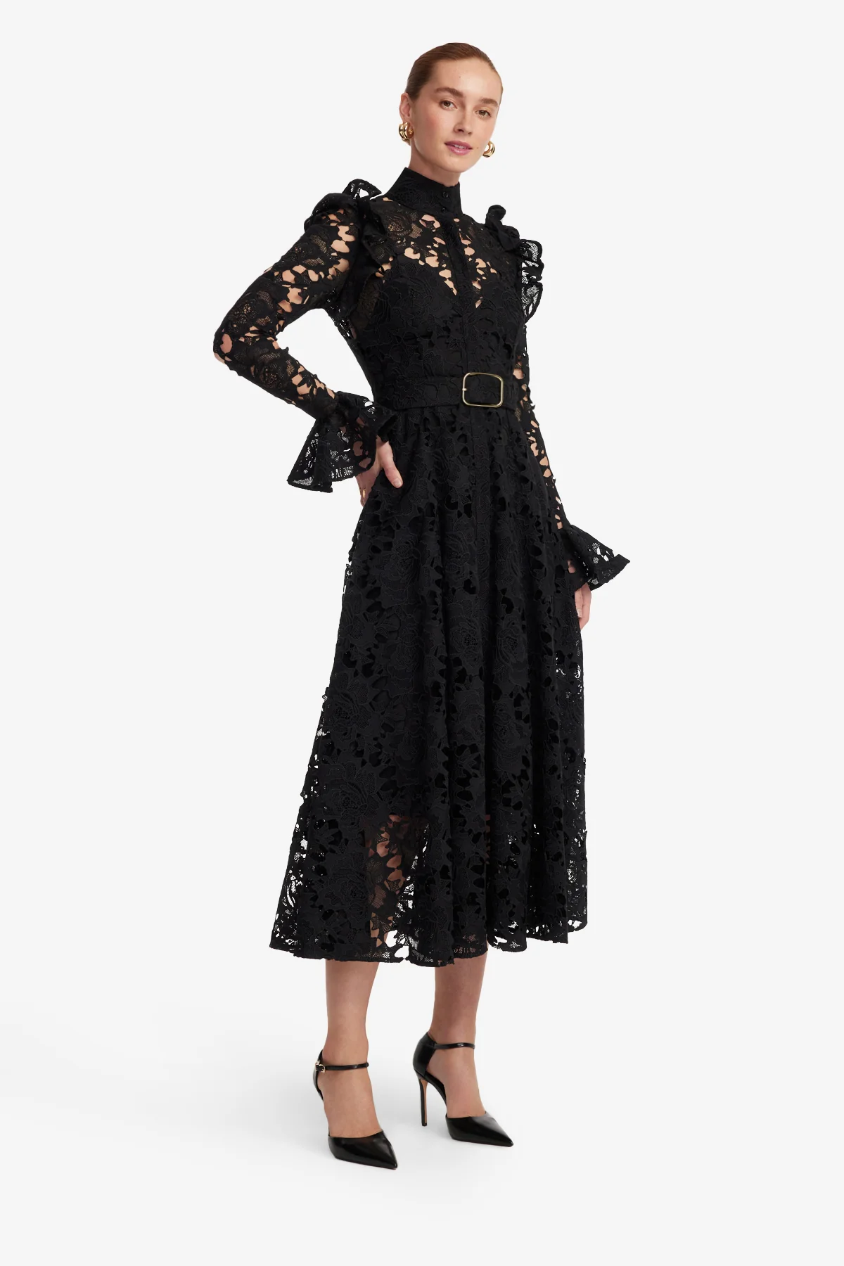 Aliyah Lace Butterfly Sleeve Midi Dress - Ebony