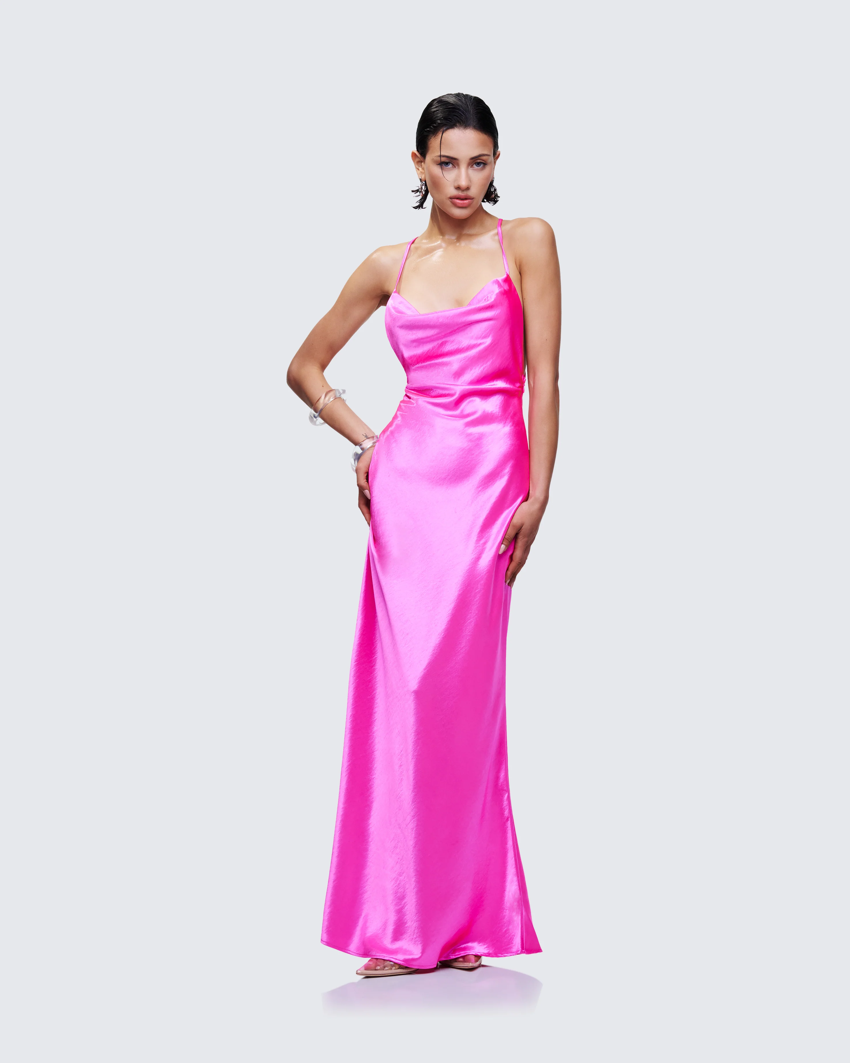 Elspeth Pink Satin Bias Slip Maxi Dress