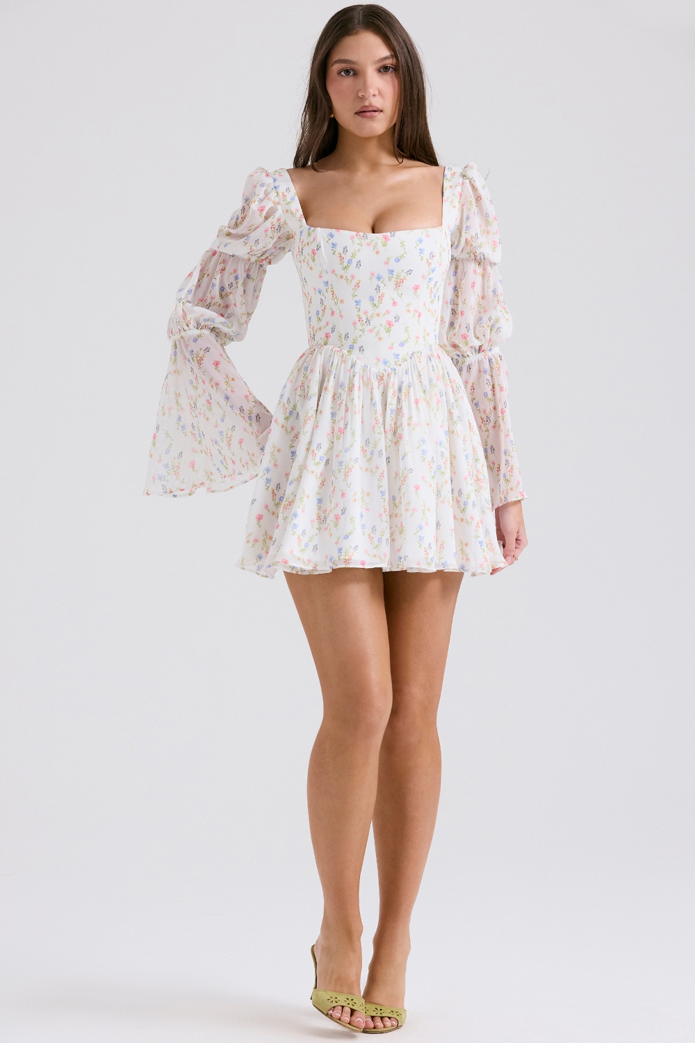 White Posy Print Puff Sleeve Mini Dress