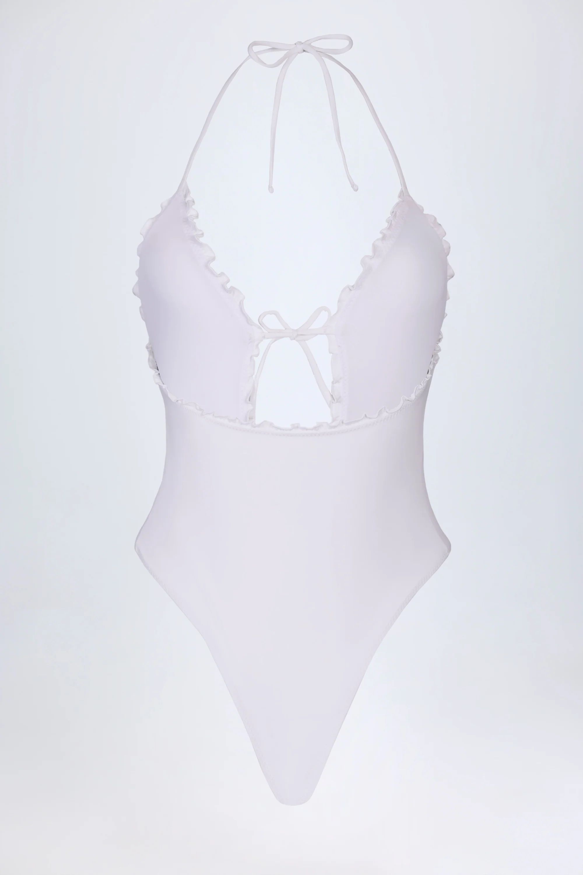 Ruffled Cut-Out Halterneck Swimsuit in White