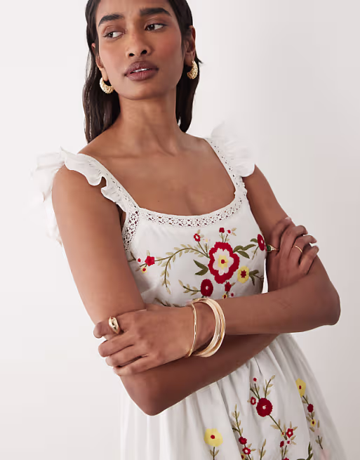 Miss Selfridge lace insert embroidered maxi dress in white