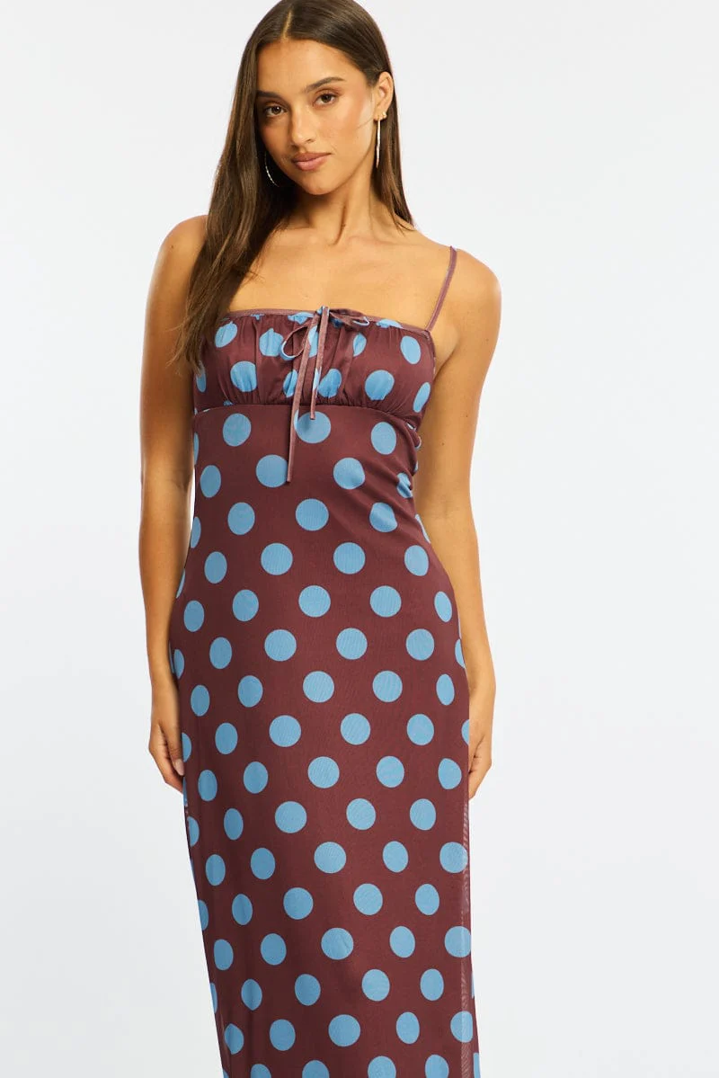 Brown Polka Dot Midi Dress Strappy