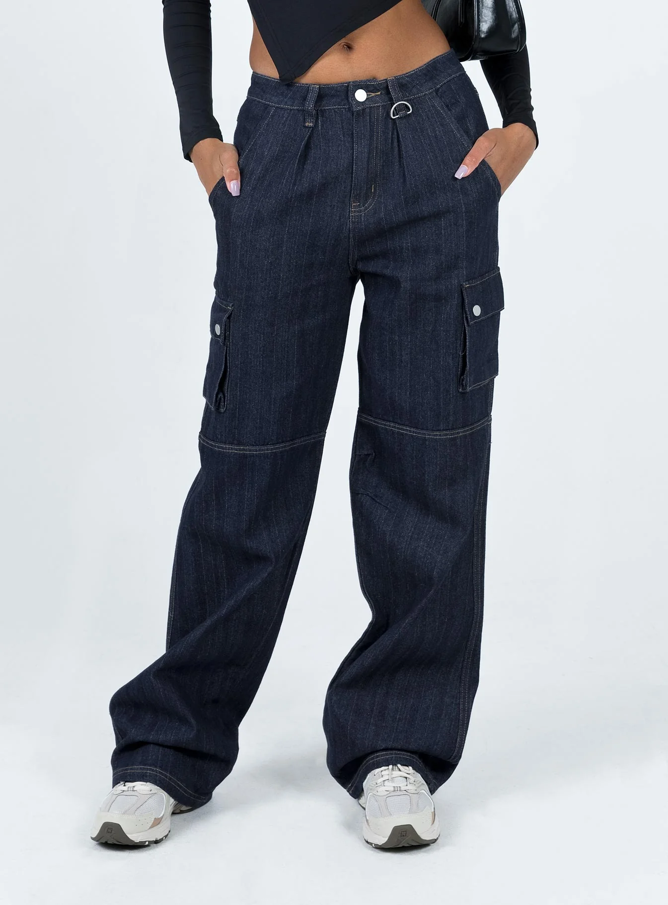 Paige Mid Rise Baggy Cargo Jeans Dark Wash