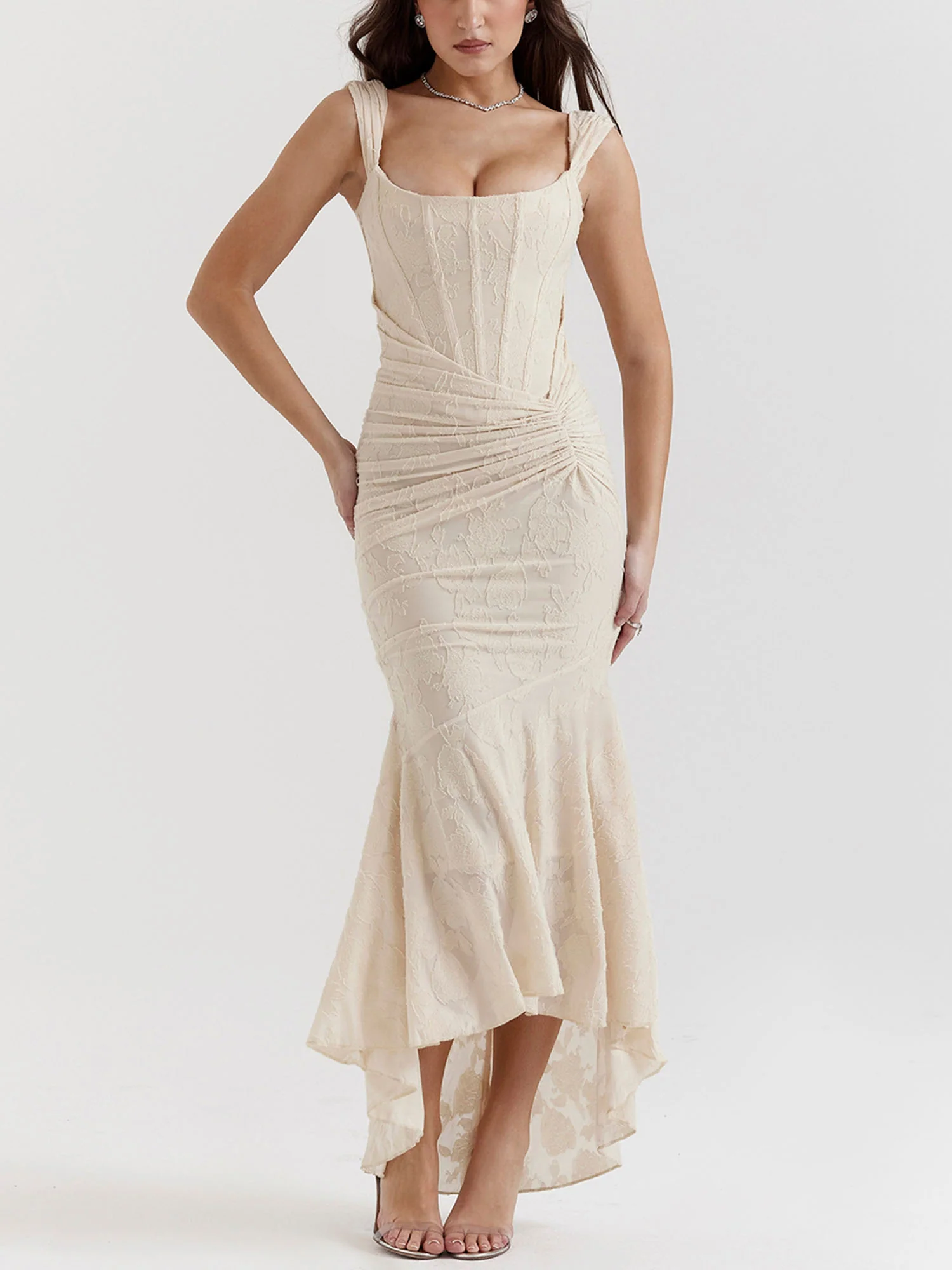 Beige Textured Asymmetrical Midi Dress