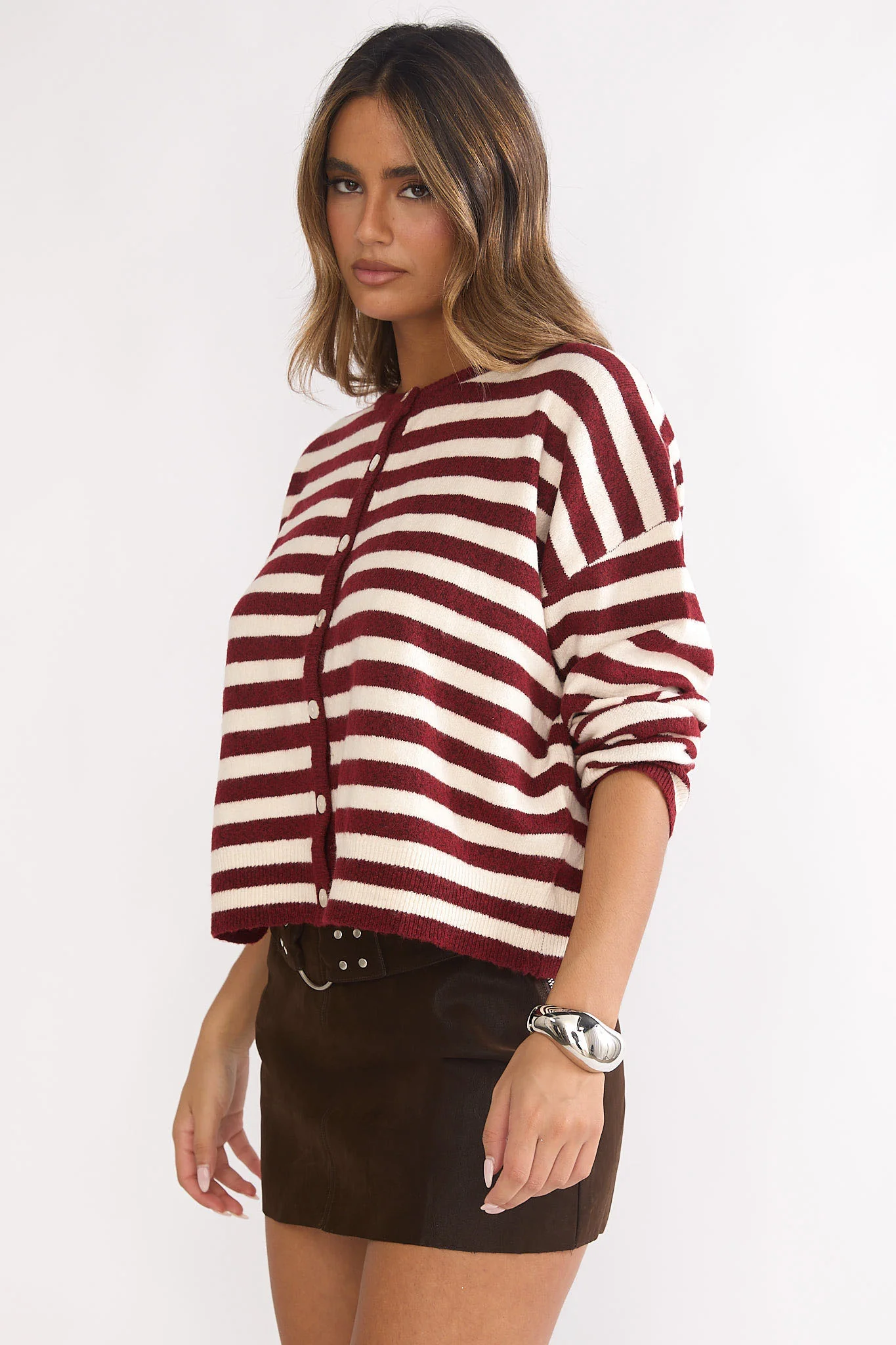 Ivyn Button Front Knitwear Top Stripe Crimson