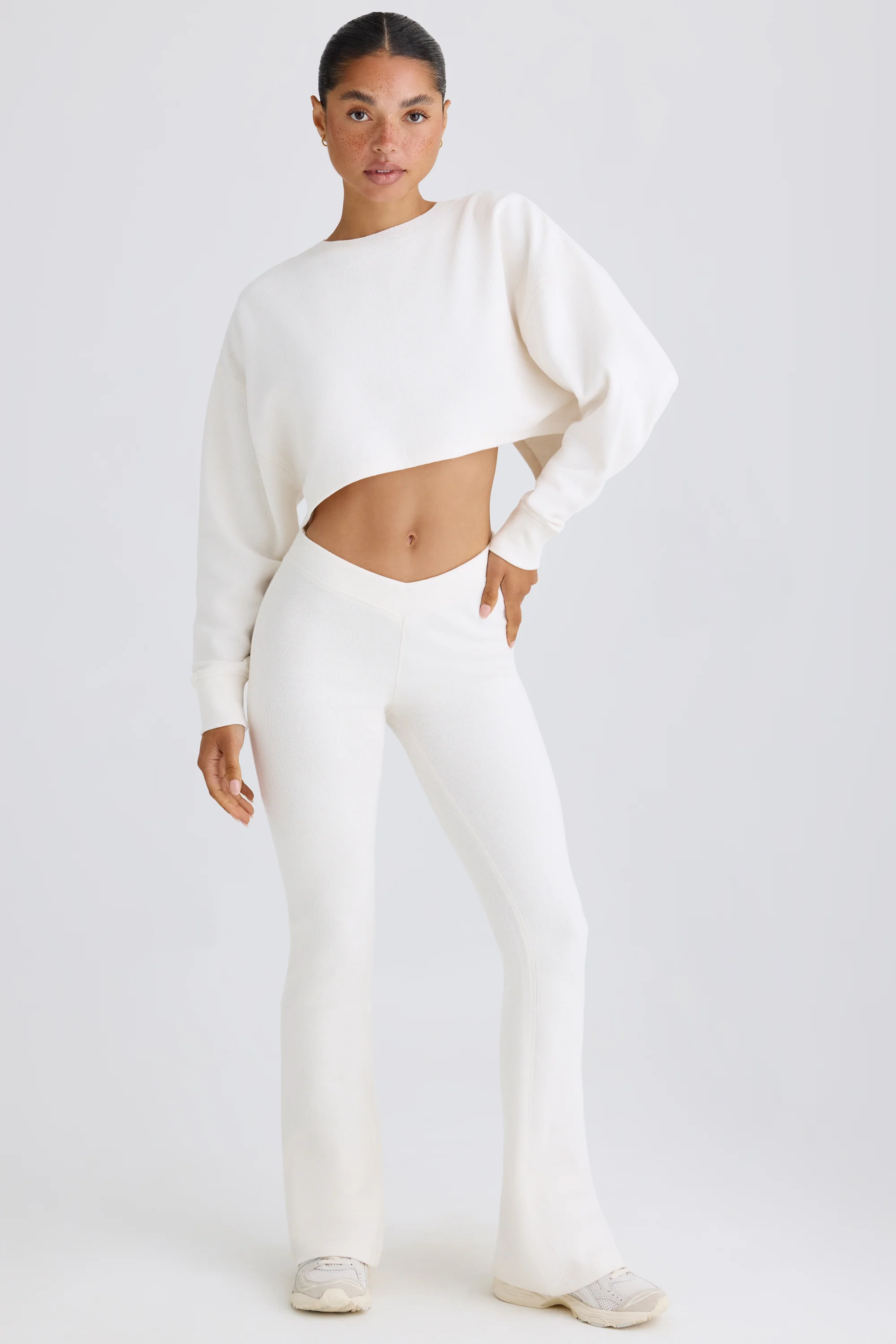 Textured Cotton Jersey Flared Trousers in White