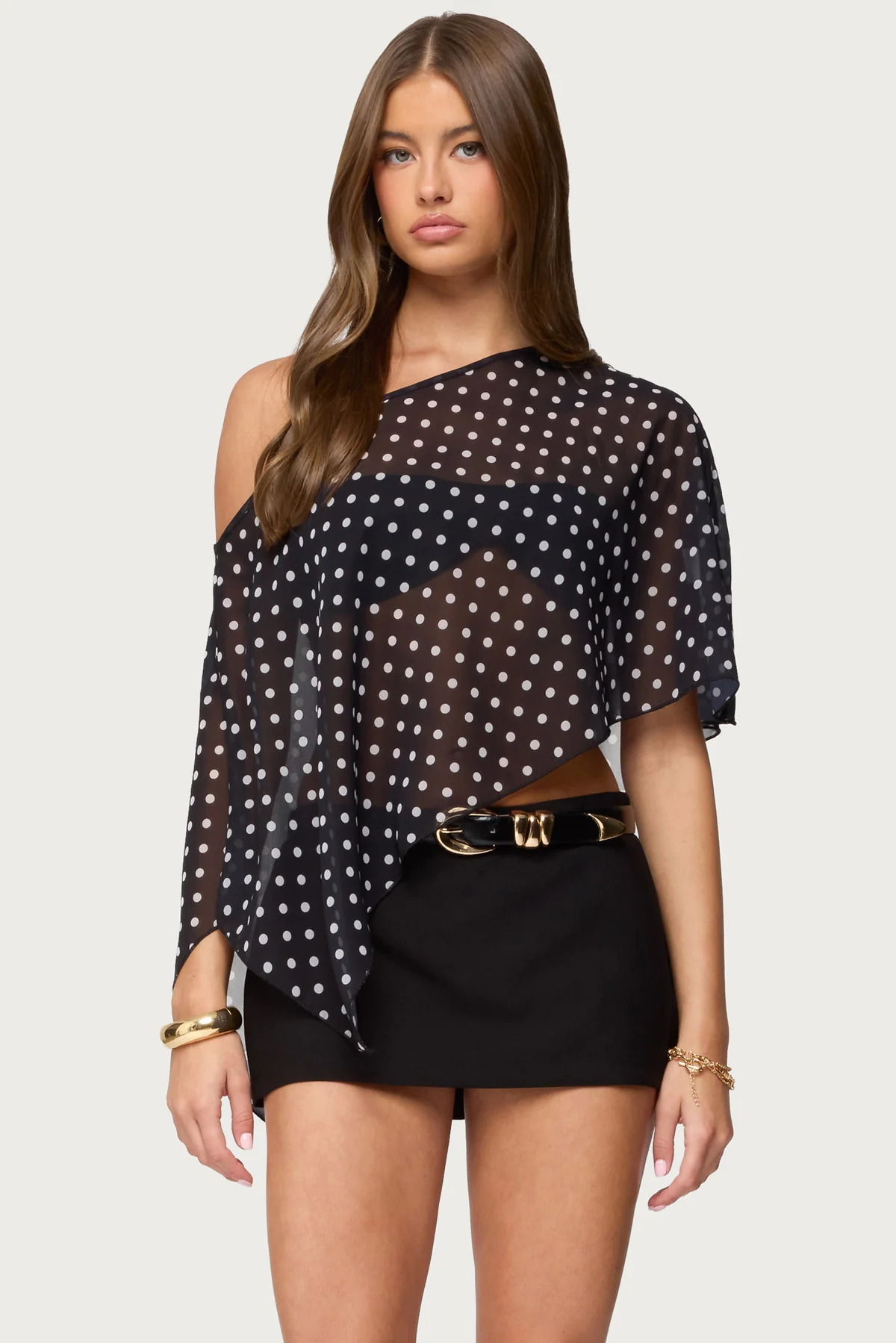 Sheer Chiffon Asymmetric Polka Dot Poncho