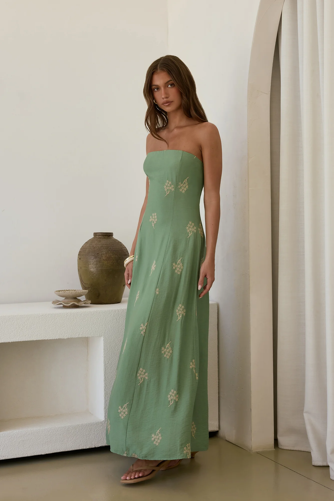 Swept Away Strapless Maxi Dress Green - luluinthesky