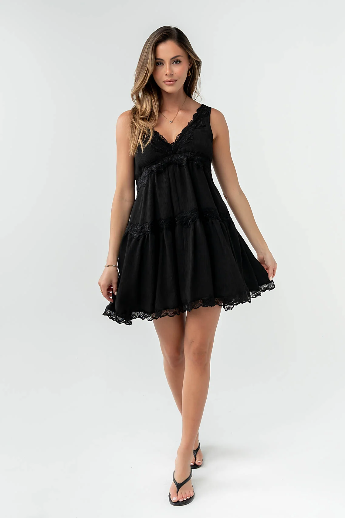 Quinny Lace Trim Mini Dress in Black