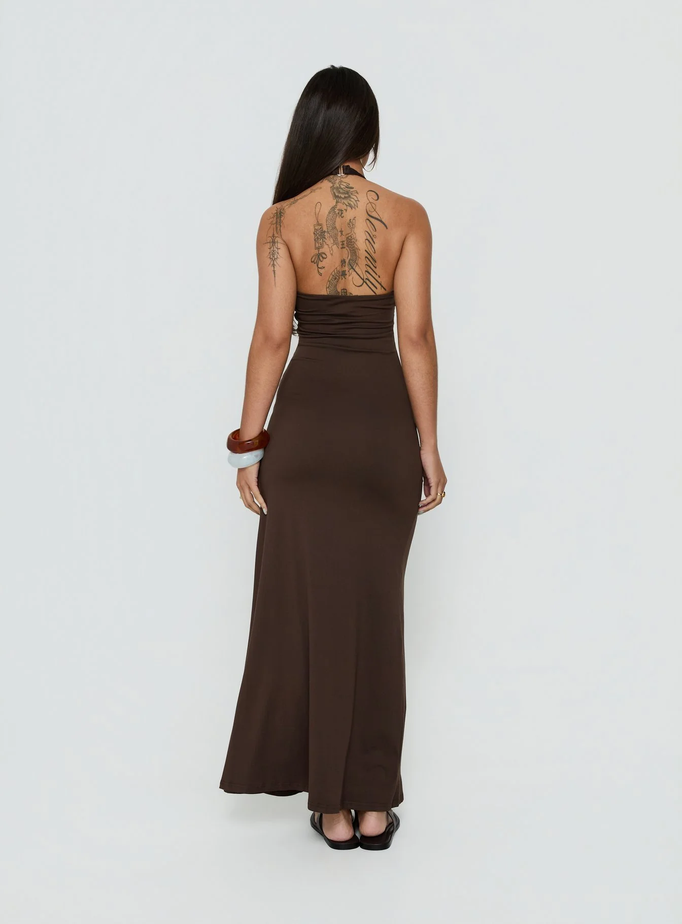 Cadira Ruched Halter Maxi Dress Chocolate