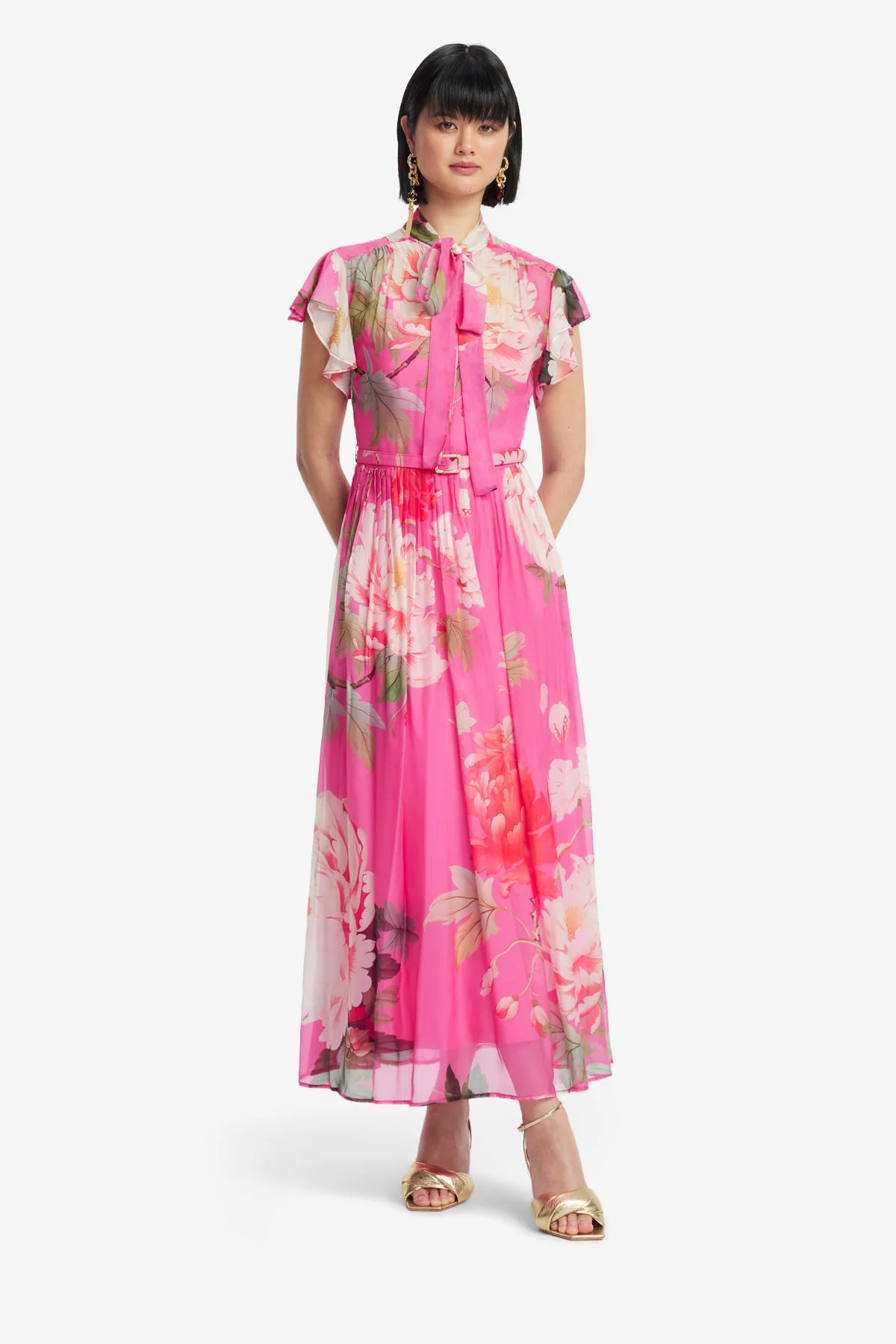 Grace Flutter Sleeve Midi Dress - Peony Print in Fuchsia