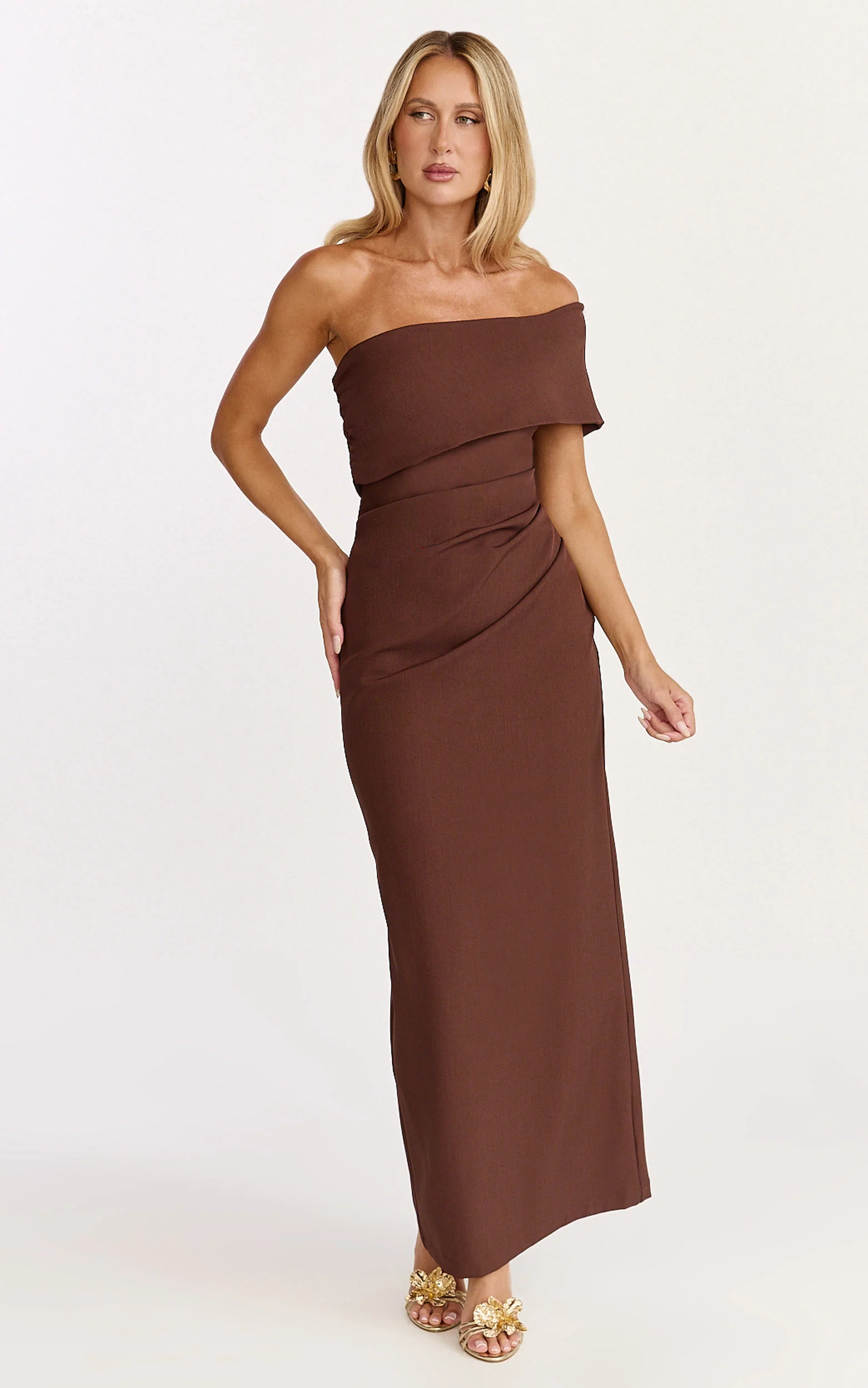 Pearce Maxi Dress - Gathered One Sleeve Bodycon Dress in Brown