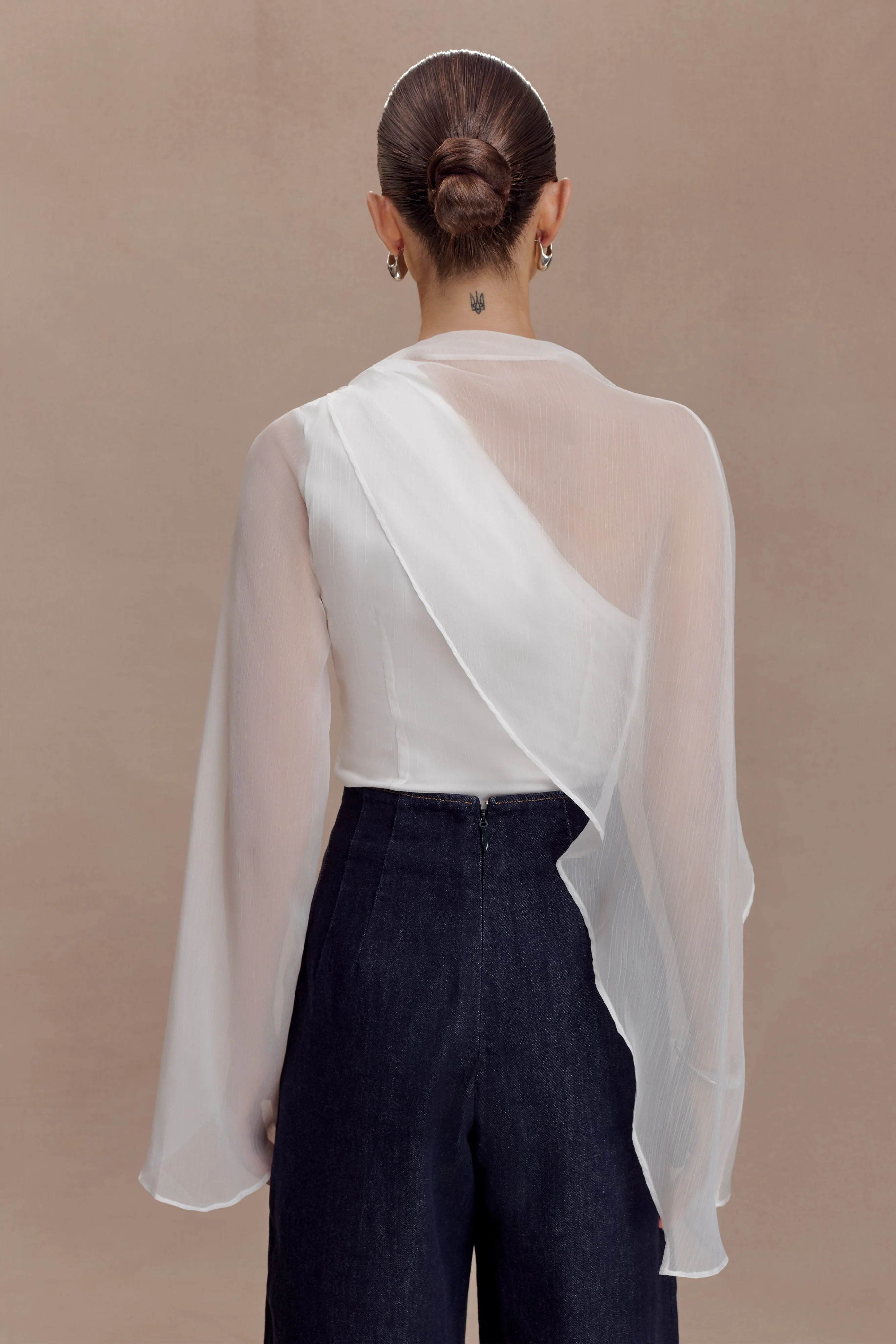 Ida Sheer Asymmetrical Long Sleeve Cape - White