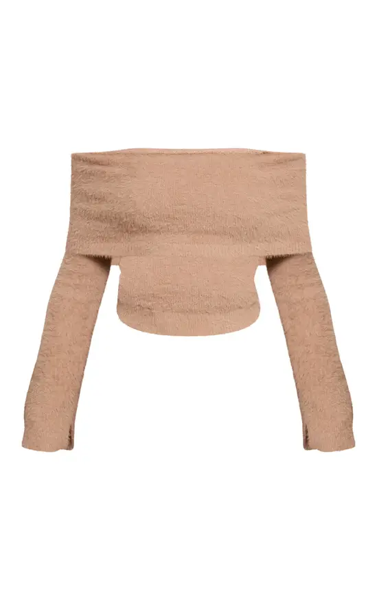 Beige Petite Fluffy Beige Bardot Knitted Jumper