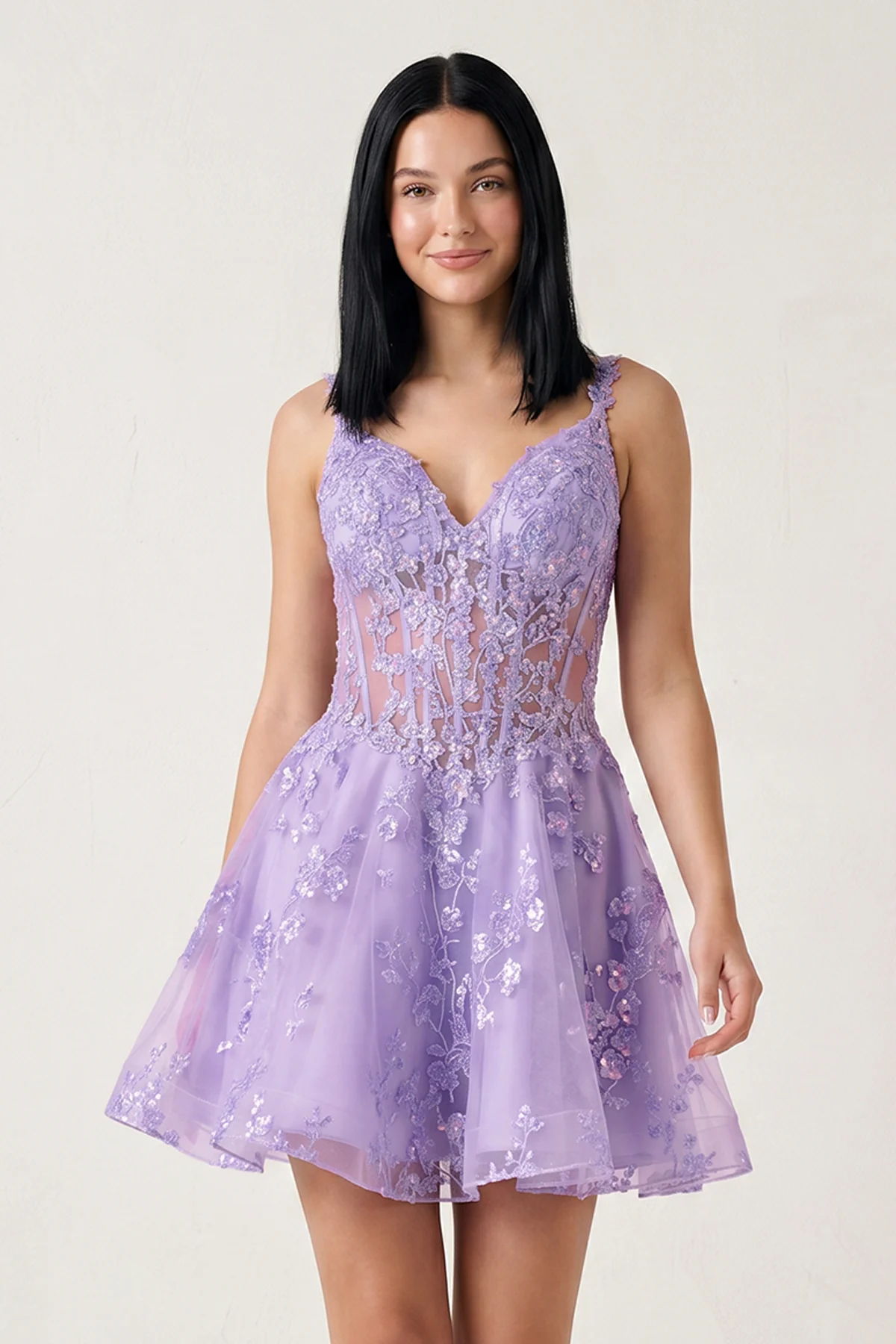 Lilac A-line Appliques Deep V Neck Short Homecoming Dress