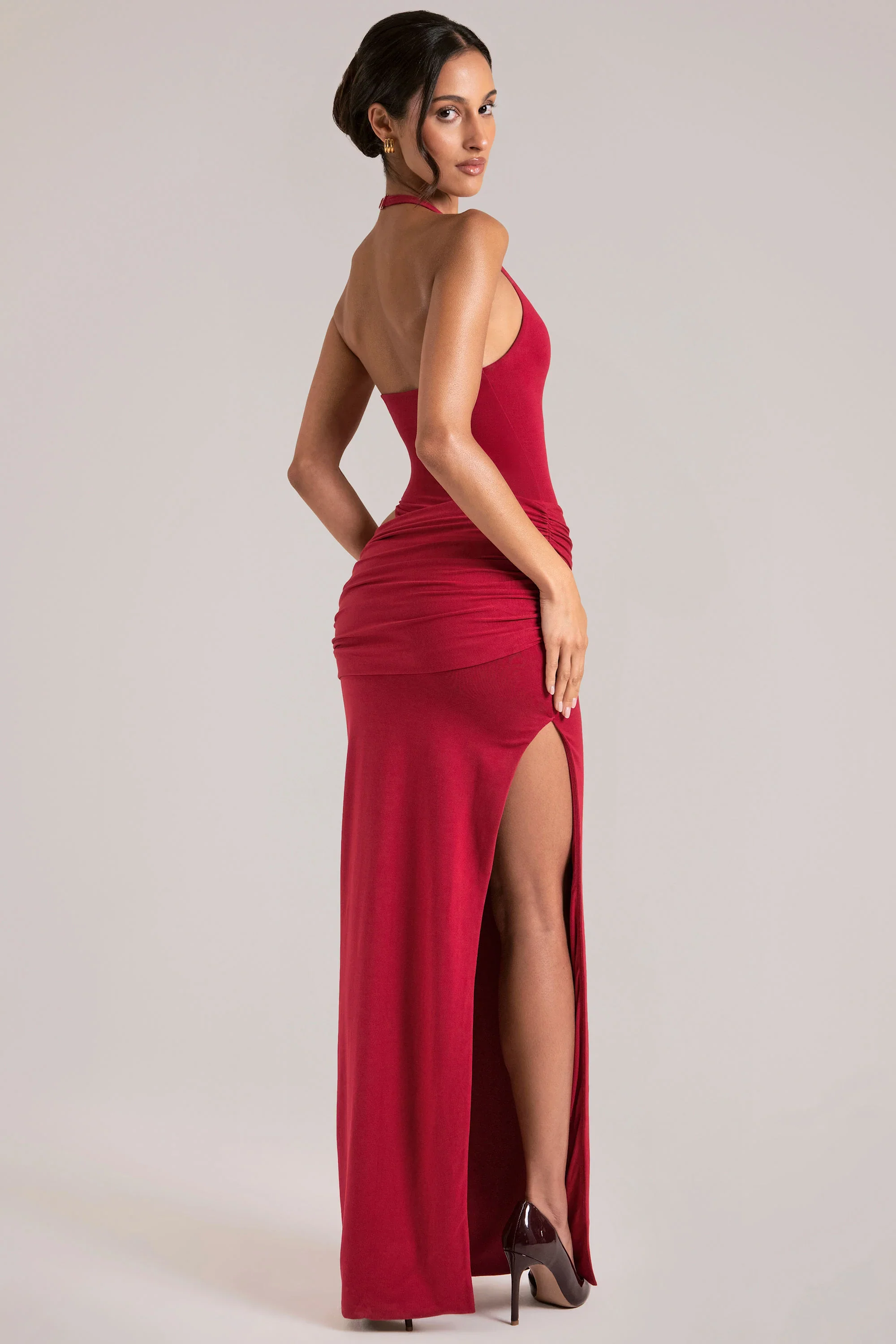 Deep Plunge Halterneck Maxi Dress in Cherry Red