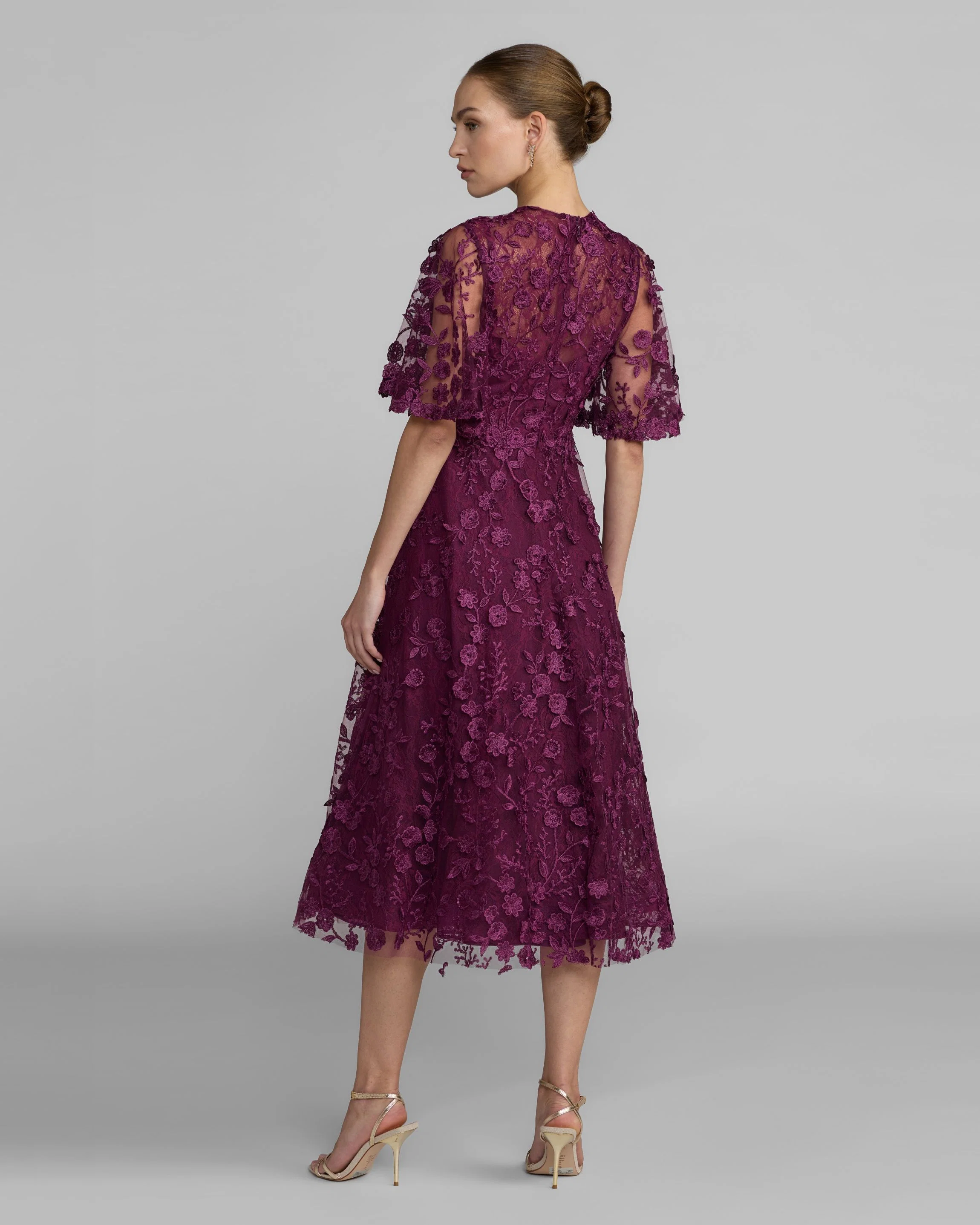 Purple Flutter Sleeve Embroidered Midi Dress - FASHION NOB