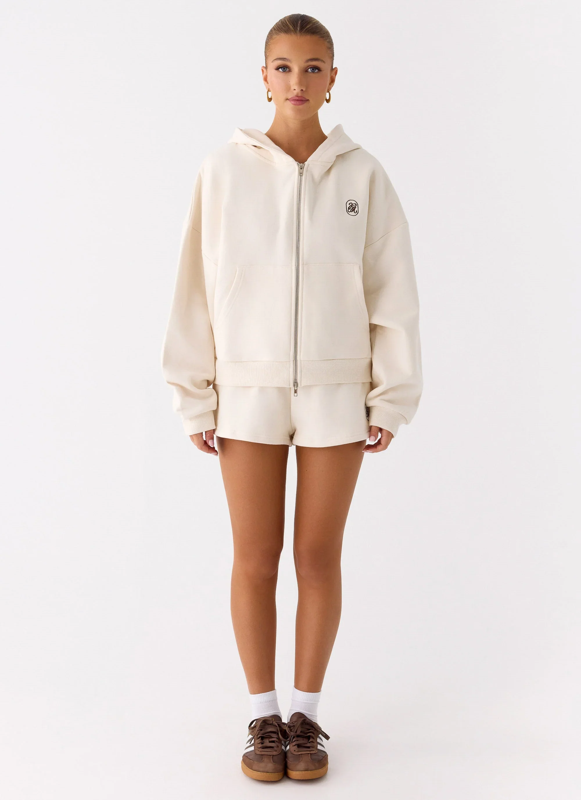 Signature Double Zip Up Hoodie - Cream