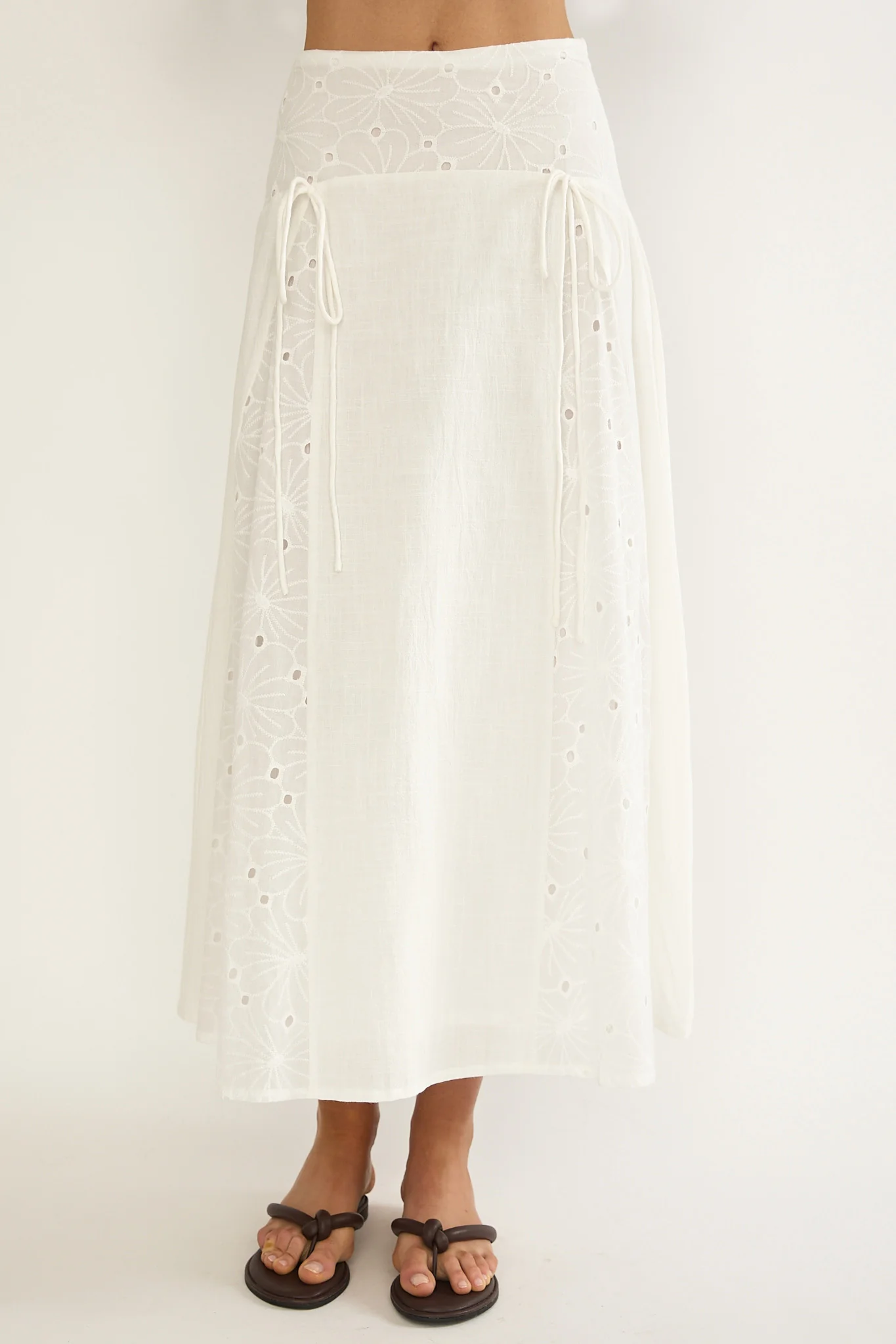 Danette String Tie Embroidery Maxi Skirt White
