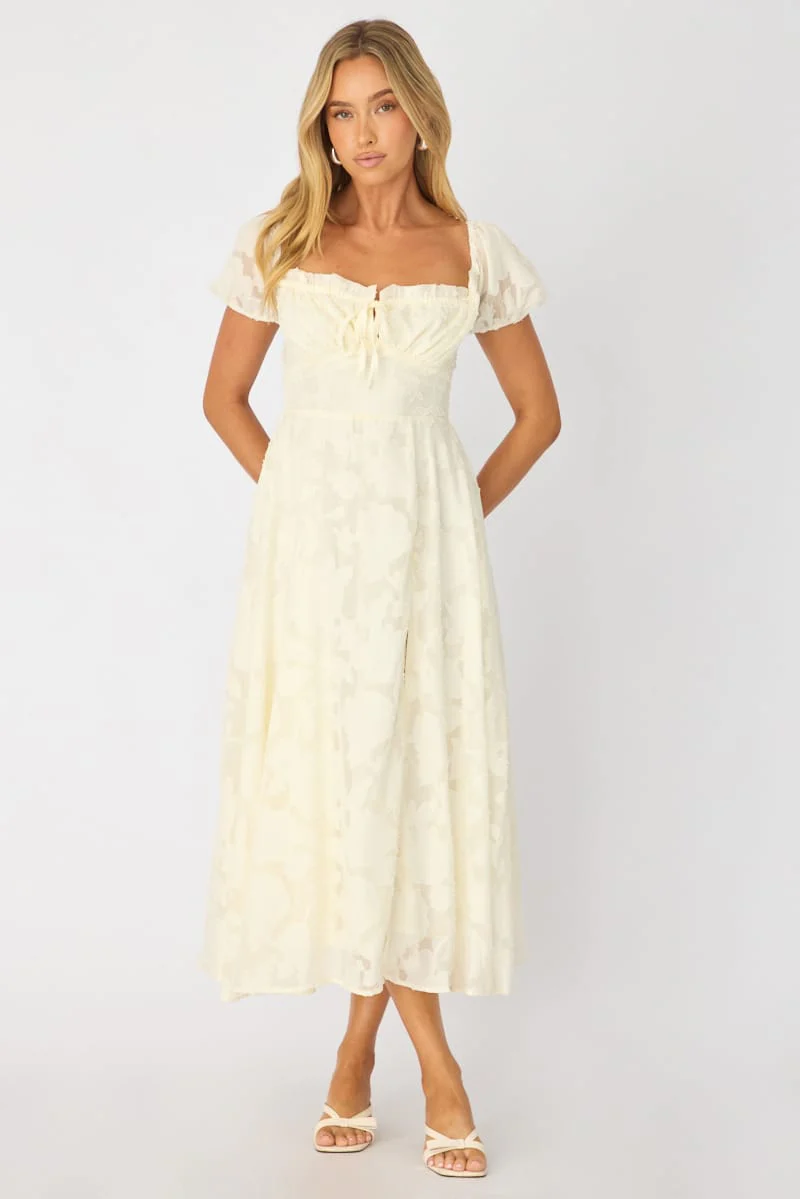 White Midi Dress Puff Sleeve