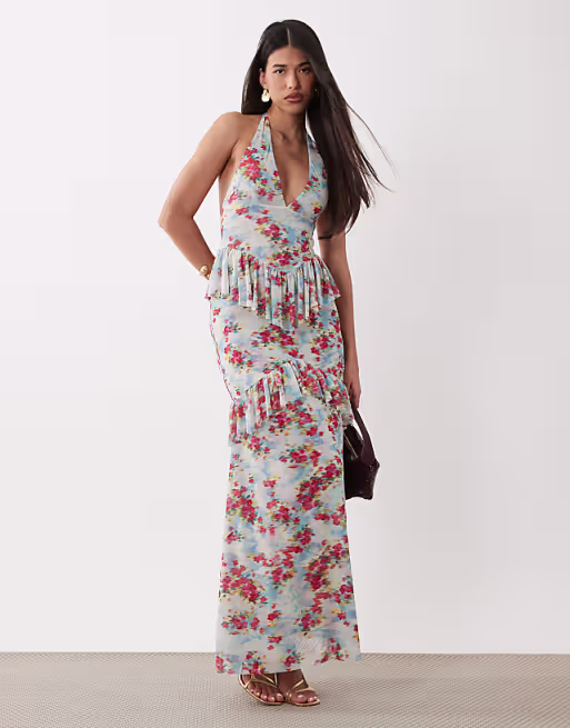 AFRM Athens printed mesh halter neck tiered maxi dress in blue floral