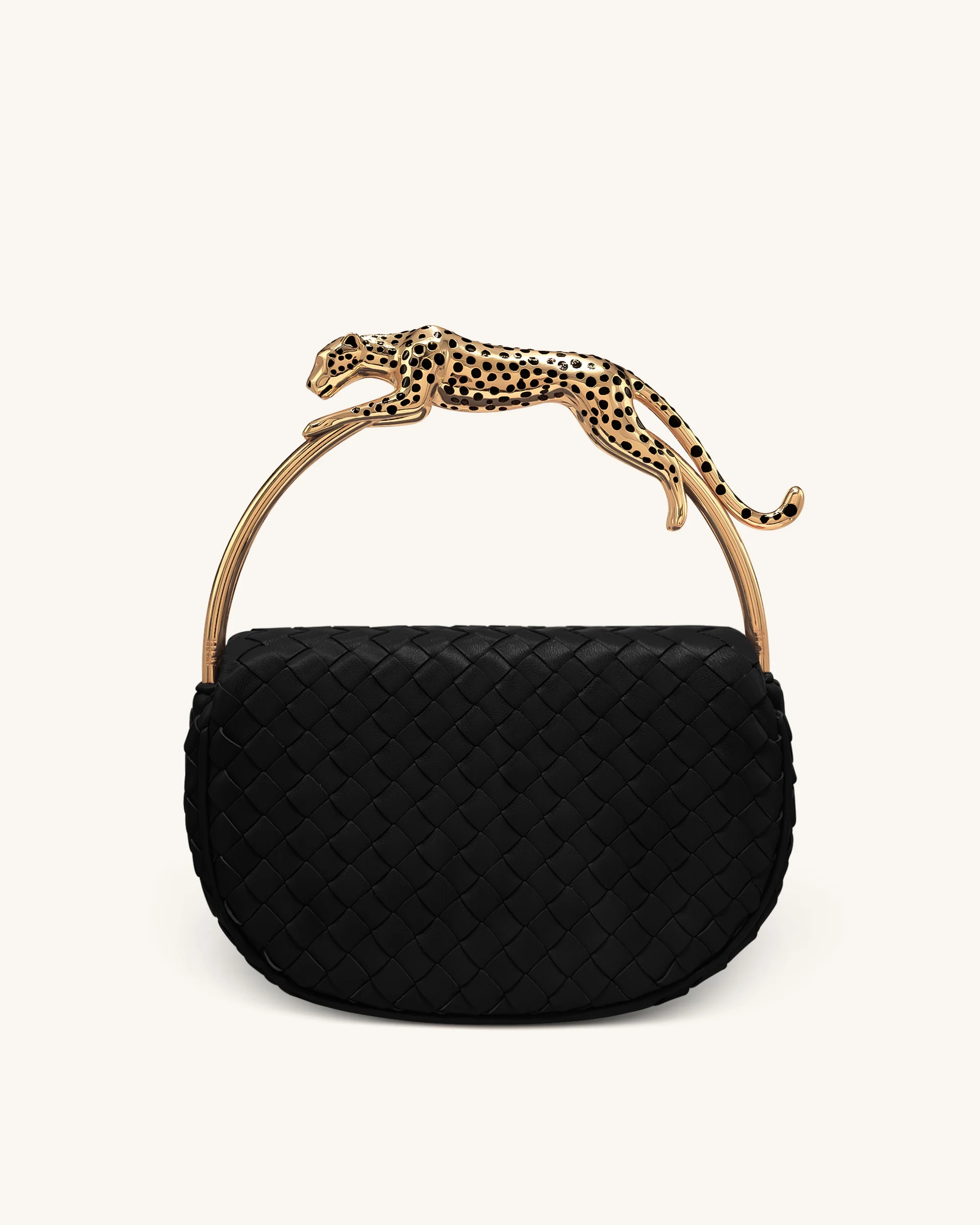 Ione Leopard Shaped Hardware Handle Woven Top Handle Bag - Black