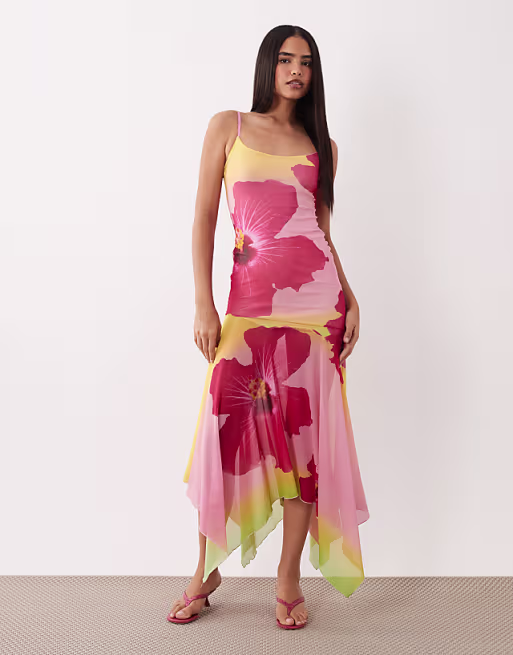 Kaiia exclusive slinky mesh scoop neck dropped waist asymmetric handkerchief hem maxi dress in pink ombré floral