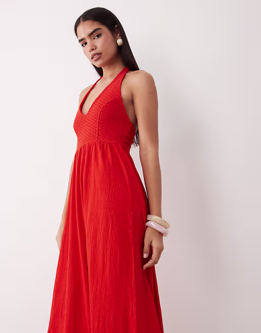 crochet halter neck tiered midi dress in red