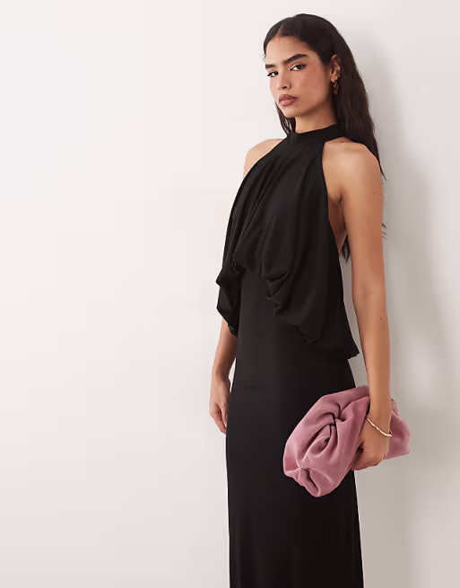 TFNC slinky high neck halter detail backless maxi dress in black