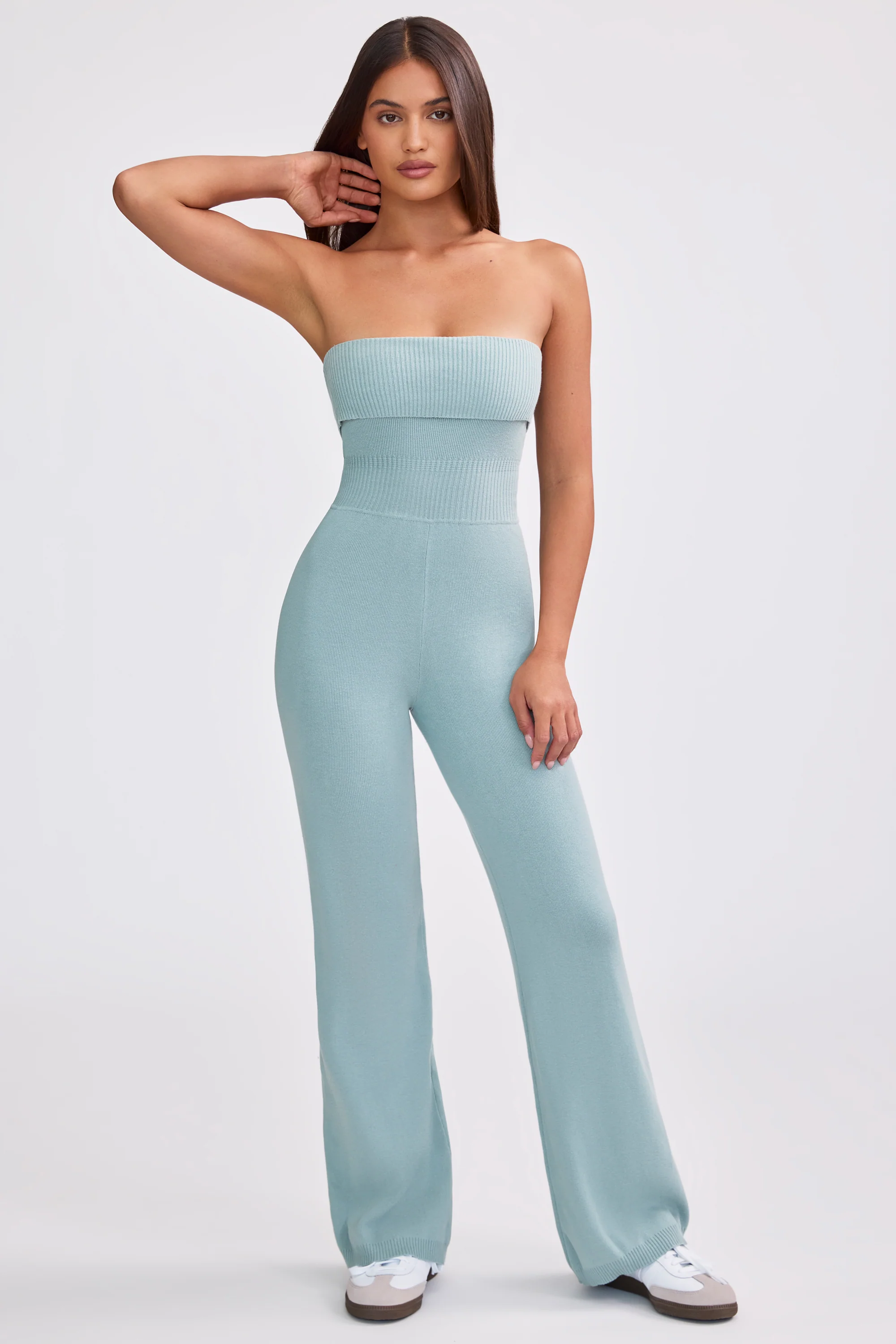 Chunky Knit Bandeau Kick Flare Jumpsuit in Dusty Teal