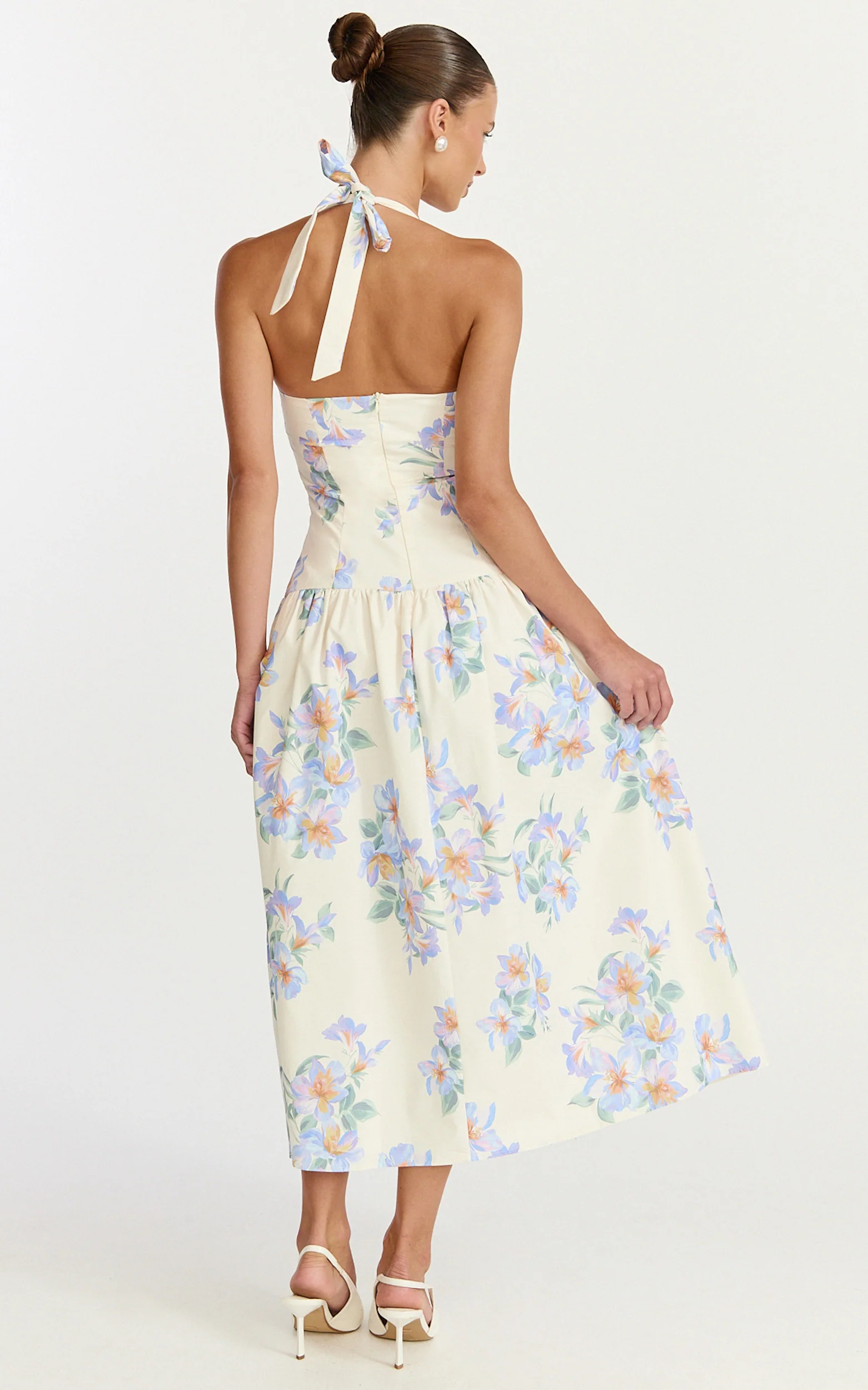 Astra Midi Dress - Halter Neck Drop Waist Dress in Astra Posey Floral Print