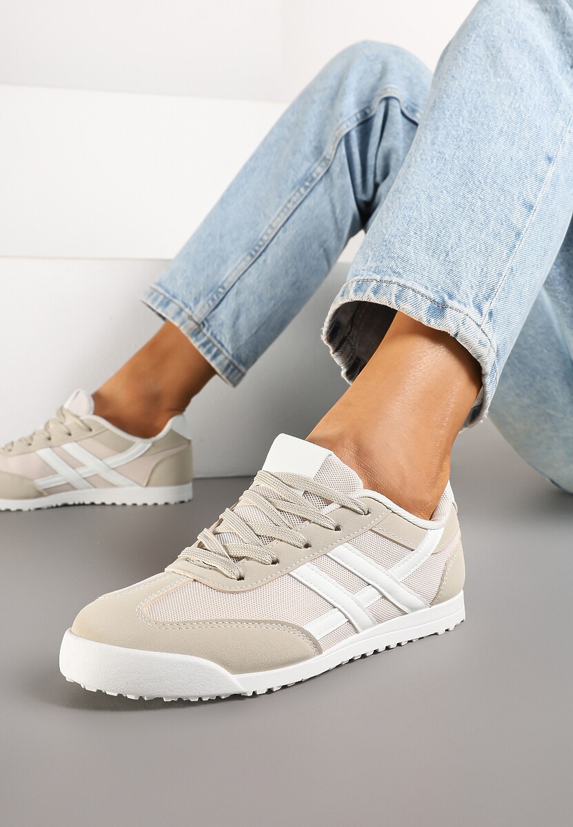 Beżowe Sneakersy na Płaskiej Podeszwie z Geometrycznym Wzorem Rivmi