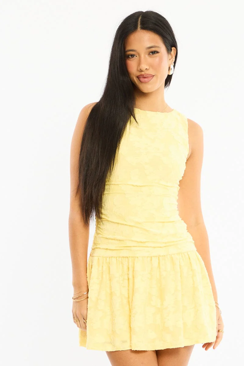 Yellow Mini Dress Drop Waist