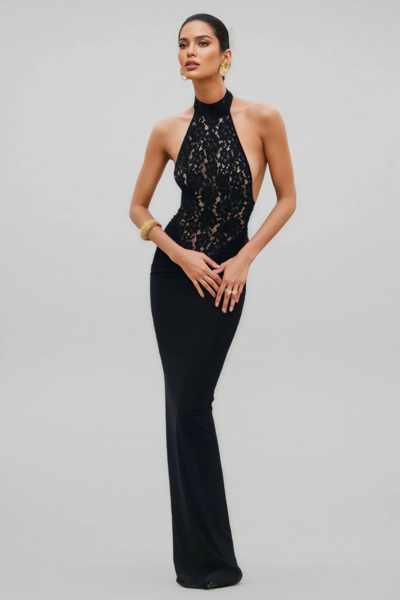 Beli Black Lace Slim Maxi Dress